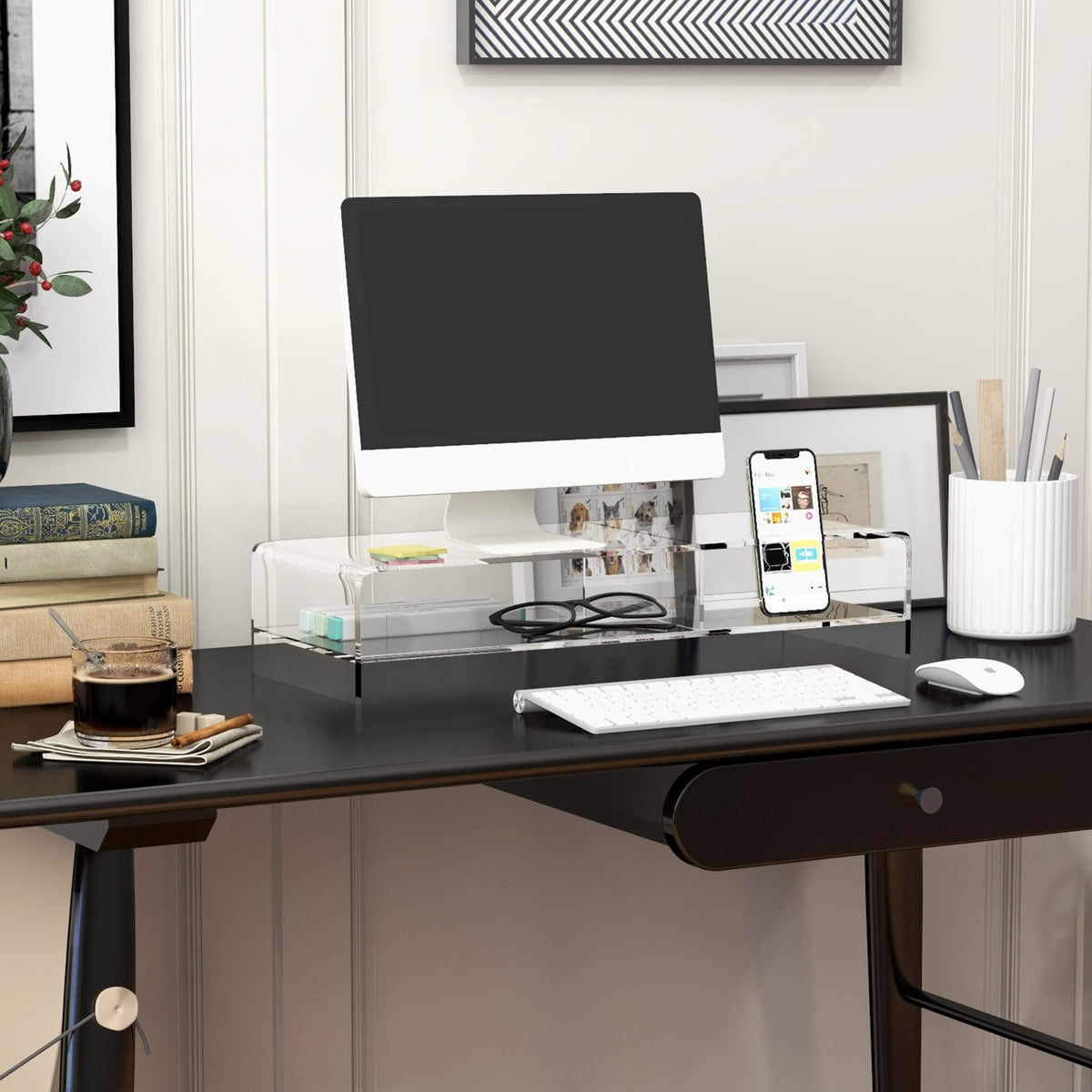Monitorstativ i akryl med oppbevaring for 24" skjerm, PC, bærbar PC