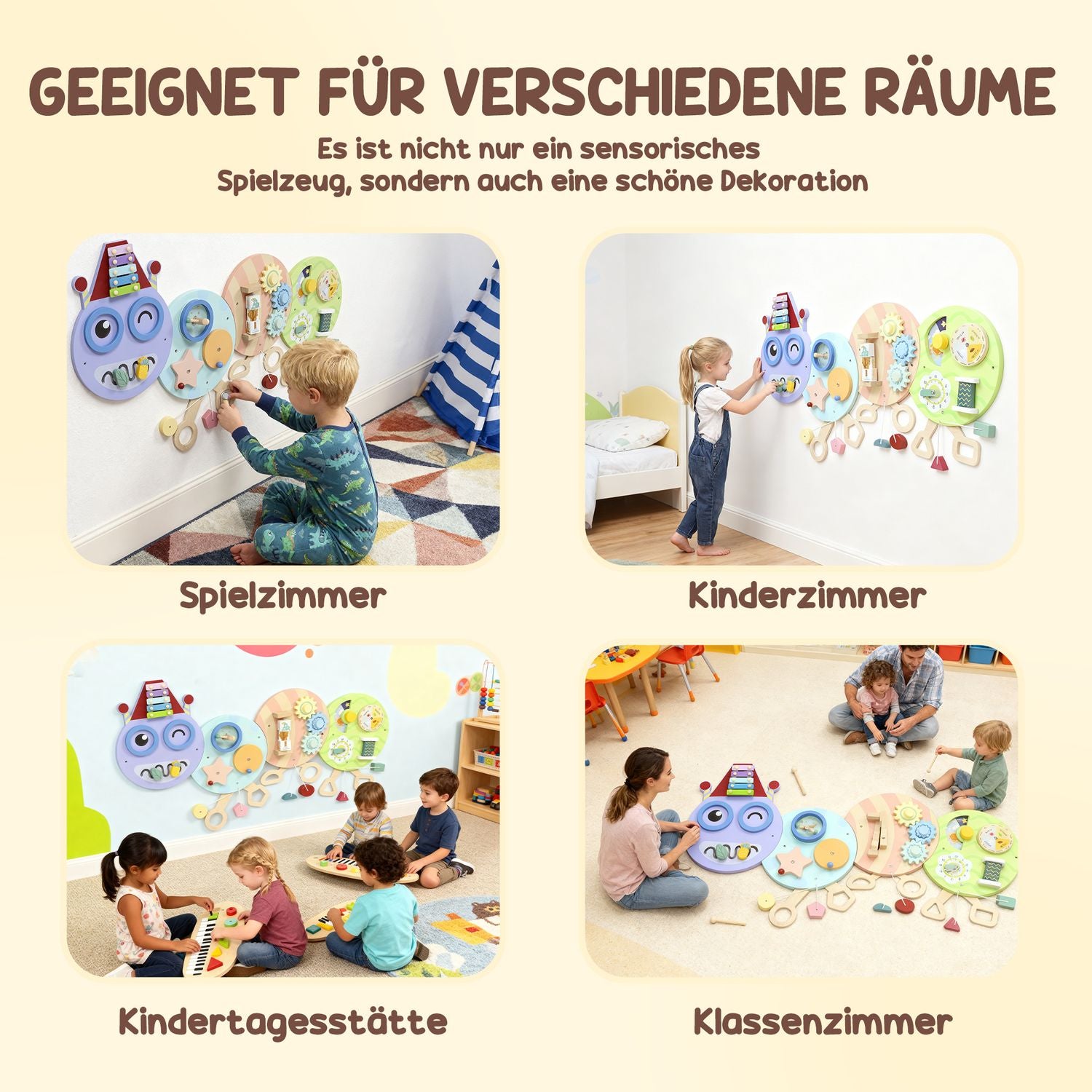 Montessori Busy Board – 7-i-1 Väggleksak, Xylofon, Kugghjul, 108 cm