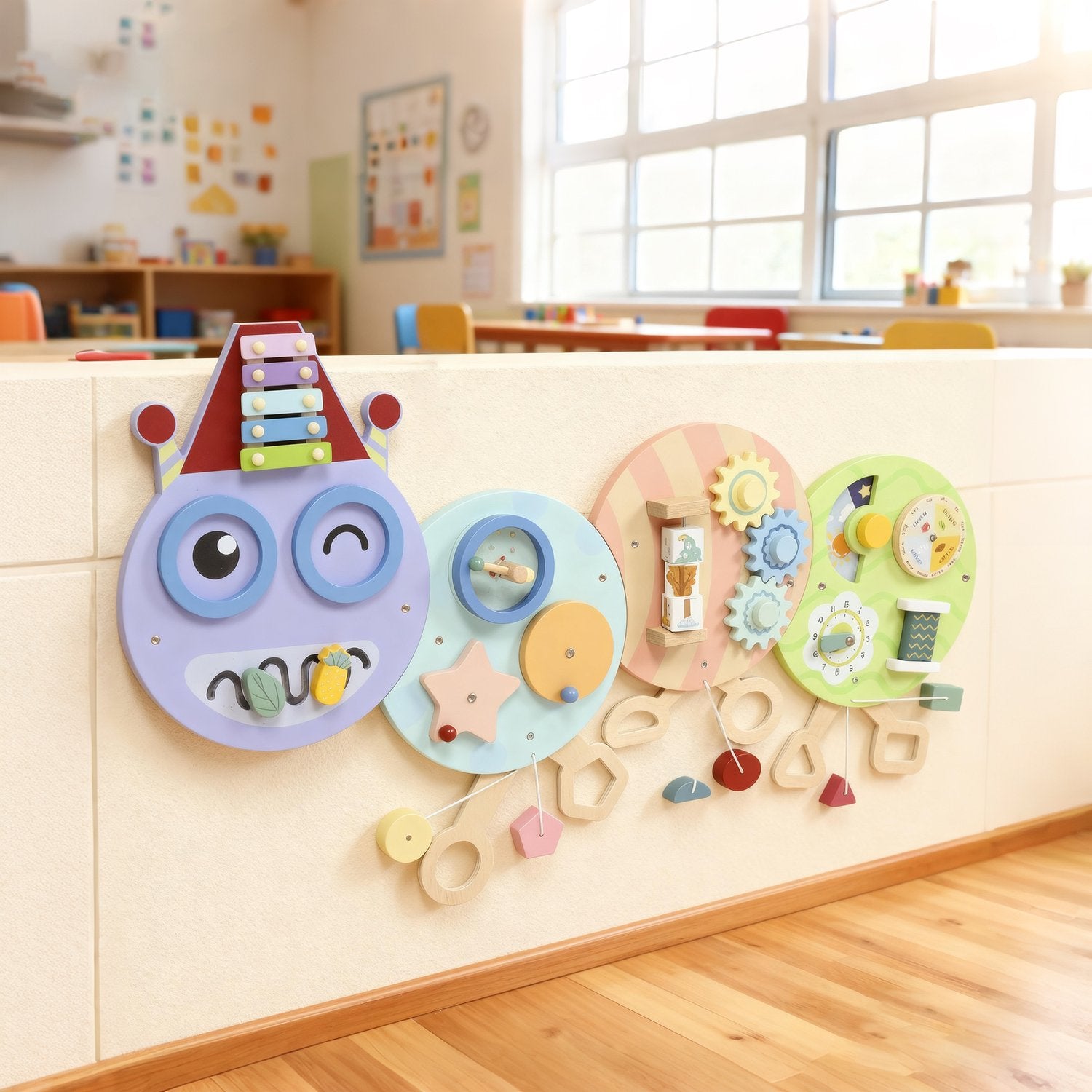 Montessori Busy Board – 7-i-1 Väggleksak, Xylofon, Kugghjul, 108 cm