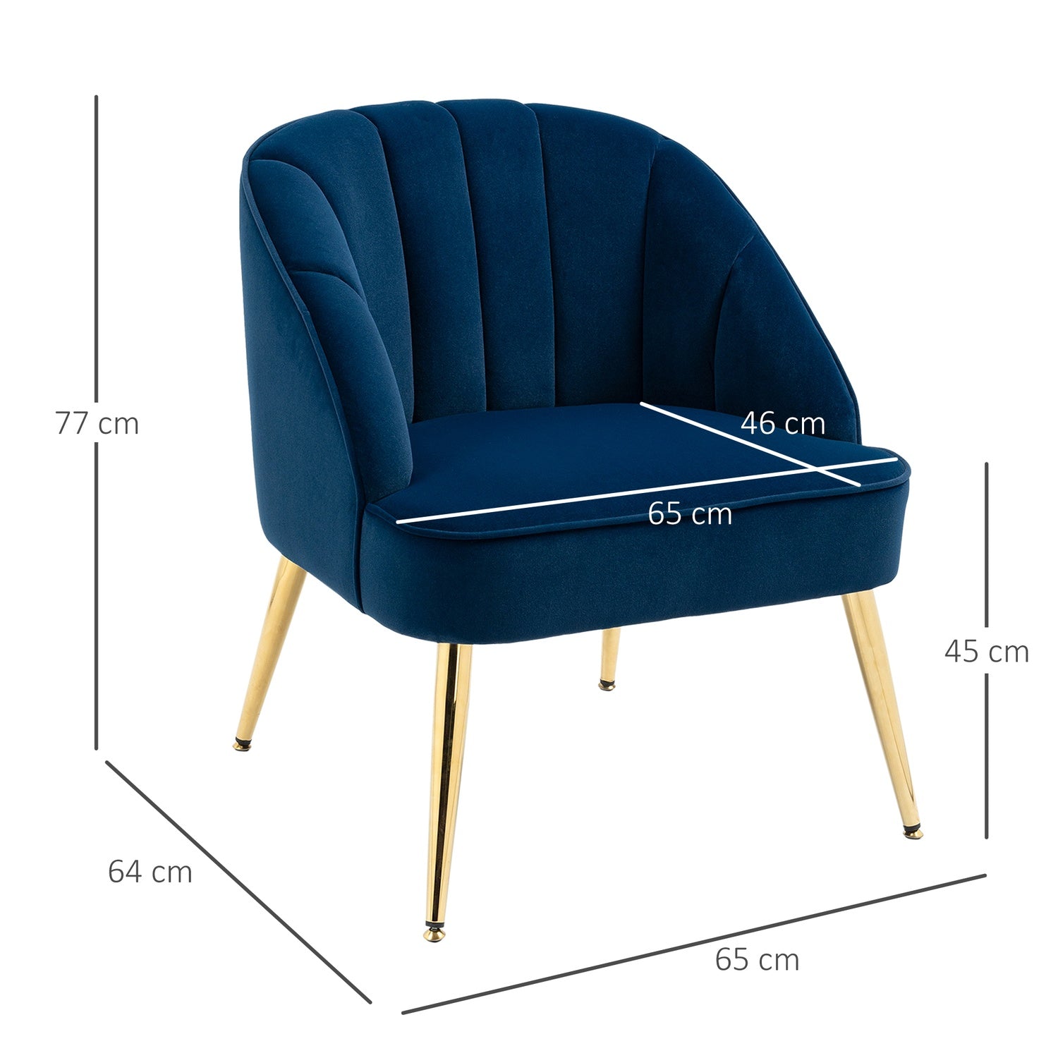 Mörkblå Velvet-Look Fåtölj, Stålben, 65x64x77 cm