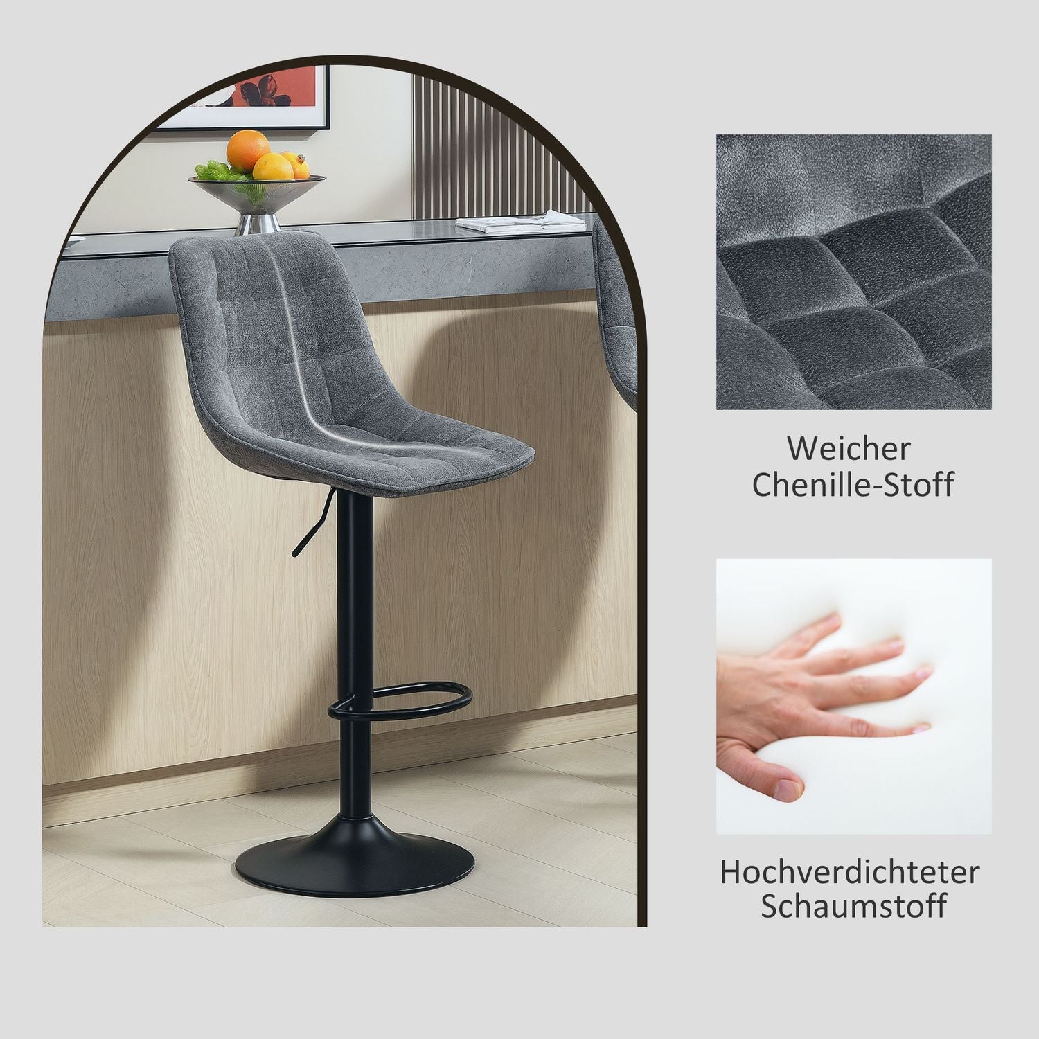 Mörkgrå justerbara barstolar, set om 2, med ryggstöd