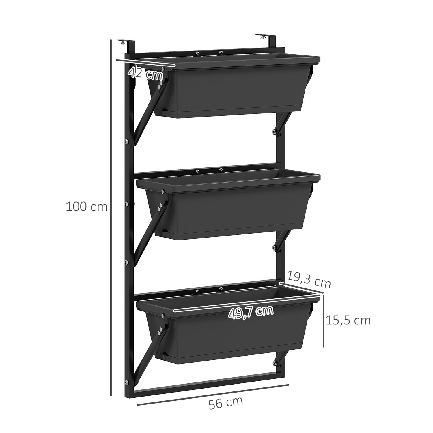Mörkgrå kvadratiska blomkrukor i plast, 56x42 cm, set om 3