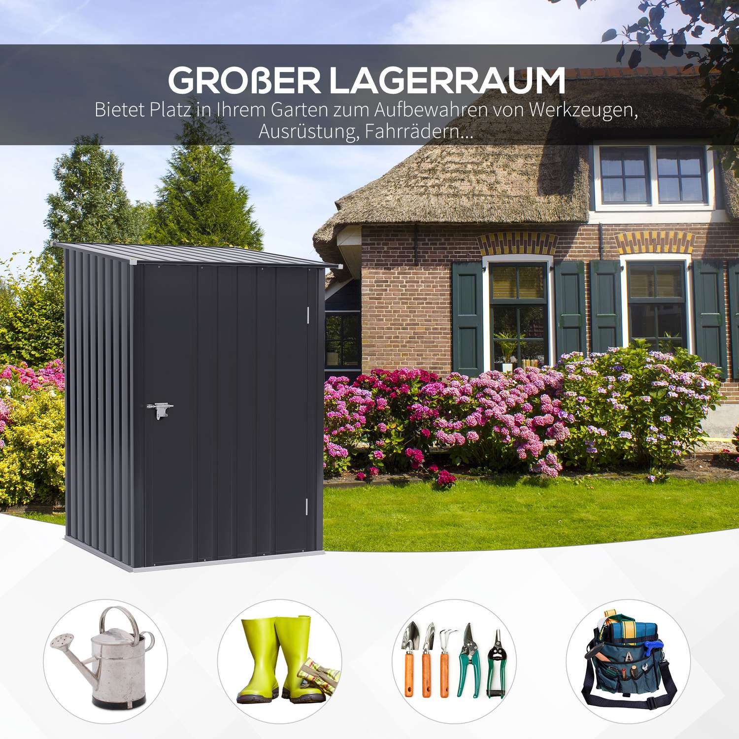 Mörkgrå metall trädgårdsredskapsbod, 1x1m galvaniserat stål
