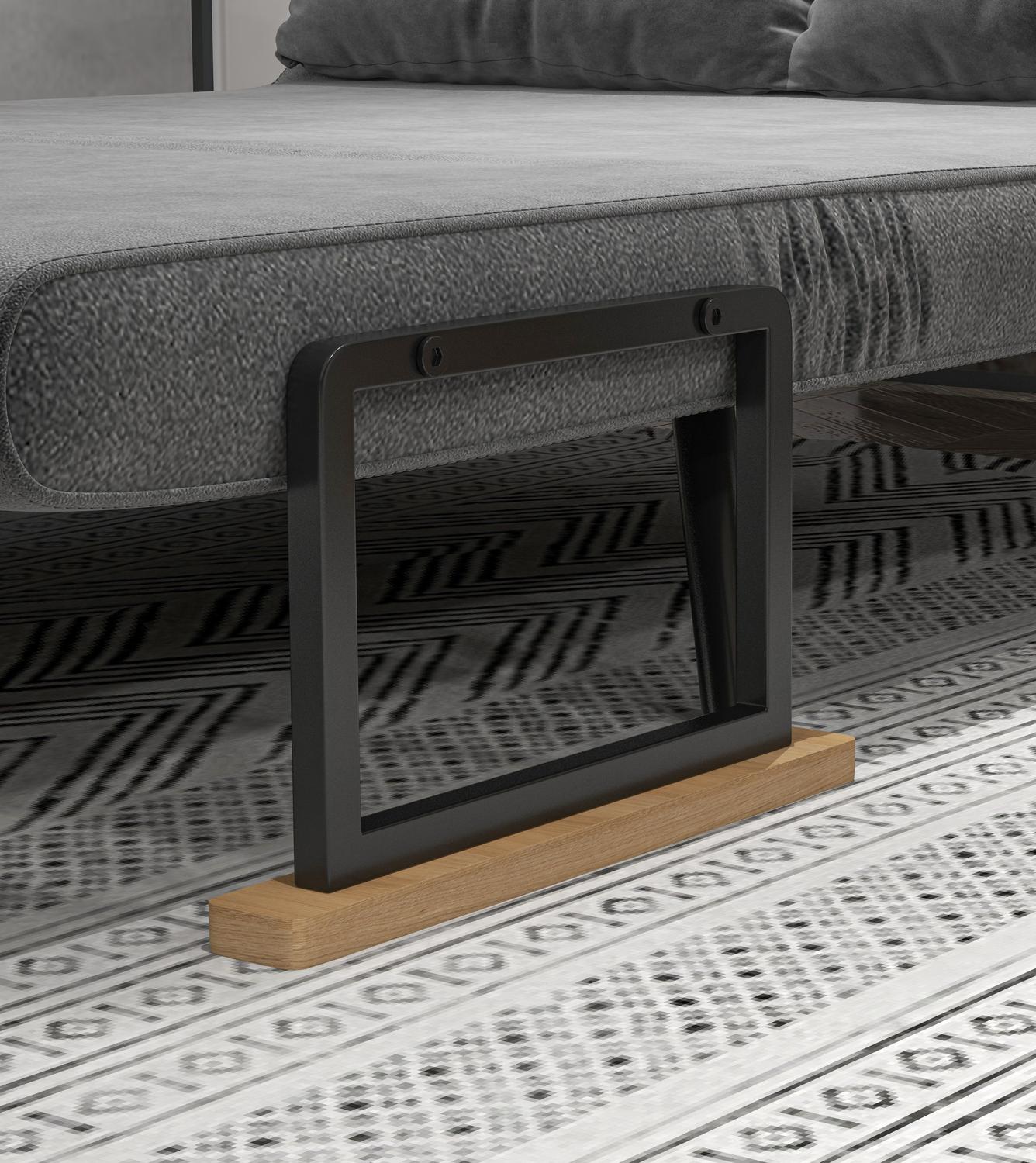 Mörkgrå sammetsbäddsoffa med förvaring och dyna