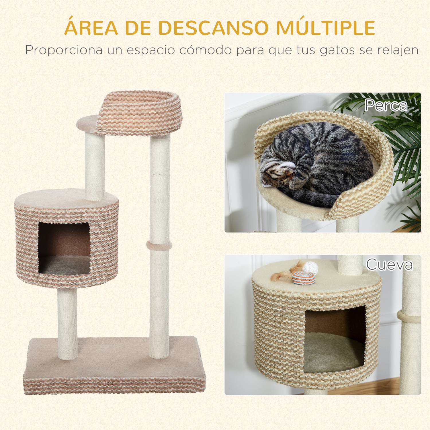 Cat Tree-skrapestolpe med skjermplattformer, beige og kaffe, sponplater, plysj, jute, 61X41X96Cm