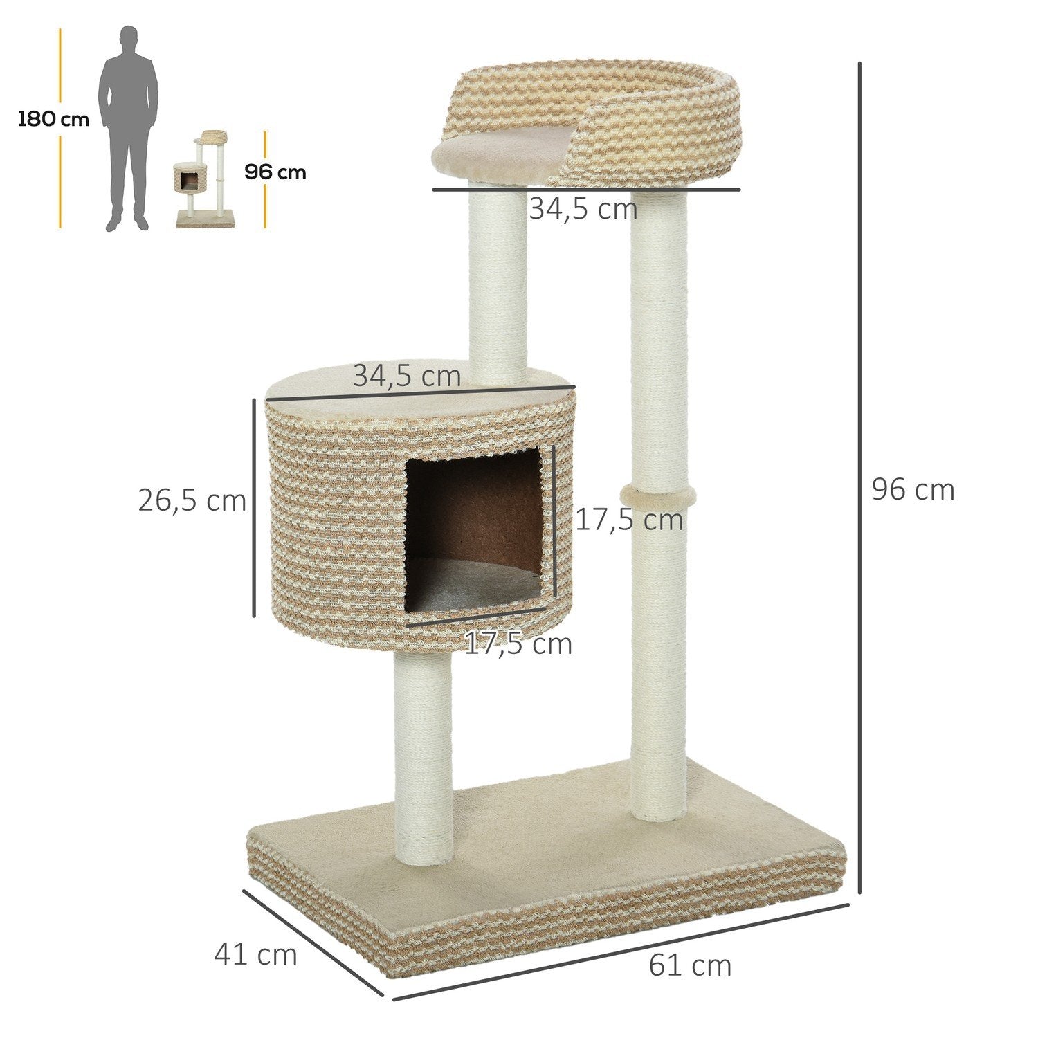 Cat Tree-skrapestolpe med skjermplattformer, beige og kaffe, sponplater, plysj, jute, 61X41X96Cm