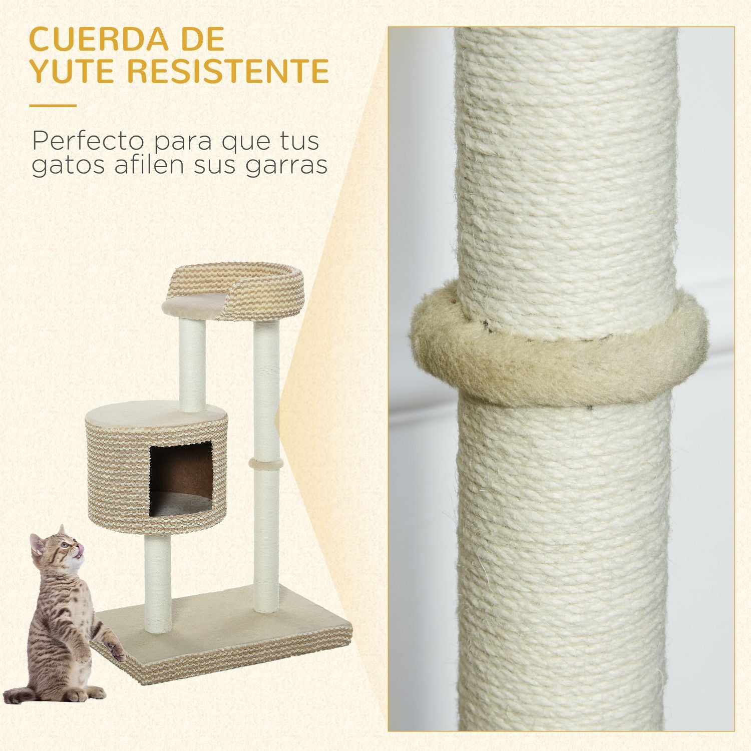 Cat Tree-skrapestolpe med skjermplattformer, beige og kaffe, sponplater, plysj, jute, 61X41X96Cm