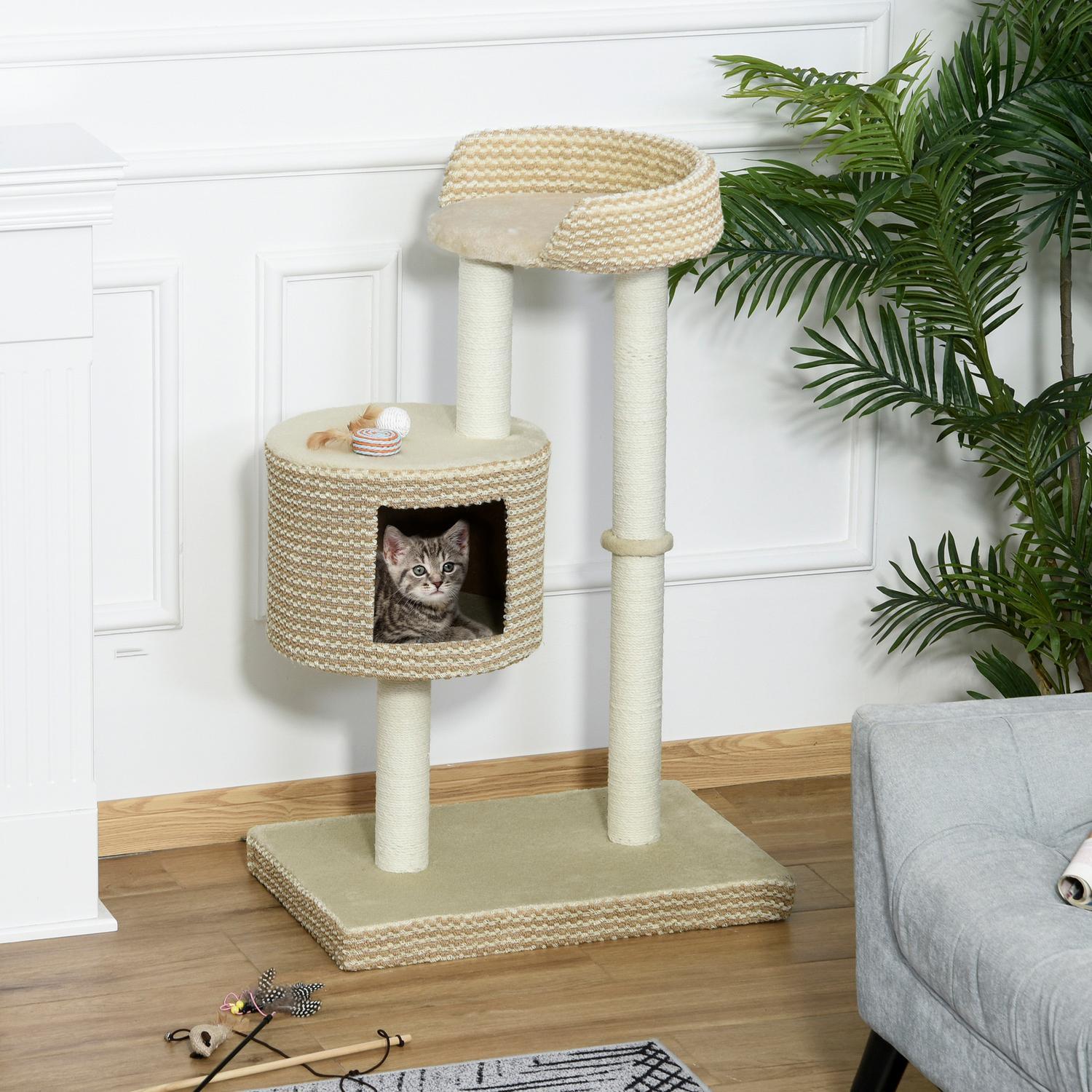 Cat Tree-skrapestolpe med skjermplattformer, beige og kaffe, sponplater, plysj, jute, 61X41X96Cm