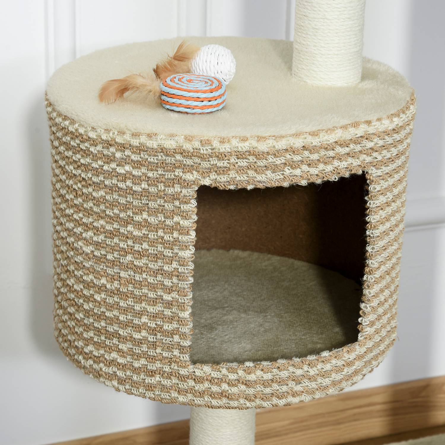 Cat Tree-skrapestolpe med skjermplattformer, beige og kaffe, sponplater, plysj, jute, 61X41X96Cm