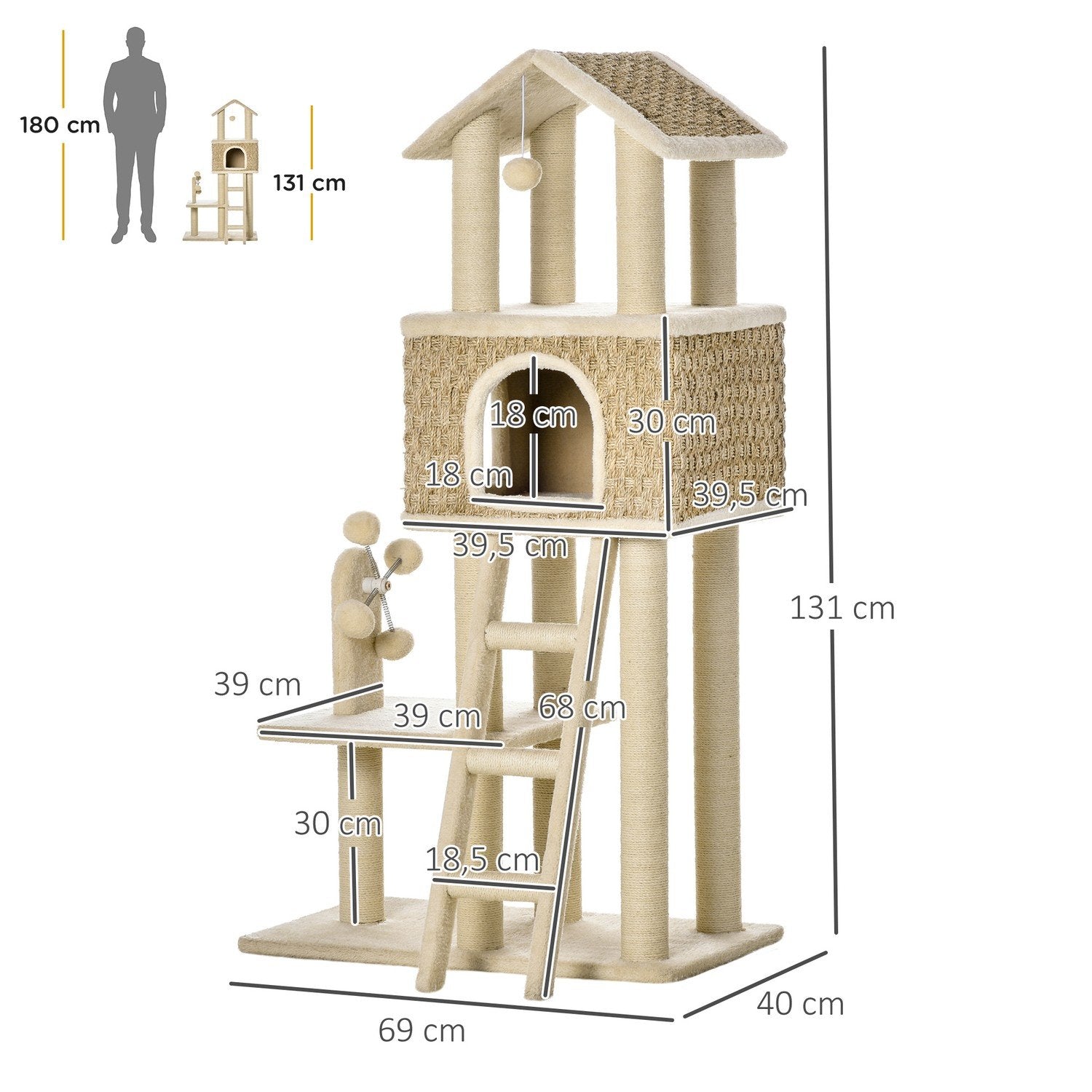 Skrapstolpe Stort Kattträd 130Cm, Med Kattgrotta & Lekbollar, Jutestammar, Khaki + Beige, Spånskiva Plysch