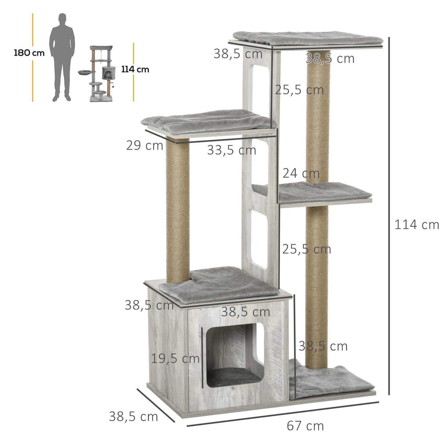 Cat Tree Flerskikts Skrapstolpe Kattmöbler Aktivitetscenter Jute Plysch Grå 67X38,5X114Cm