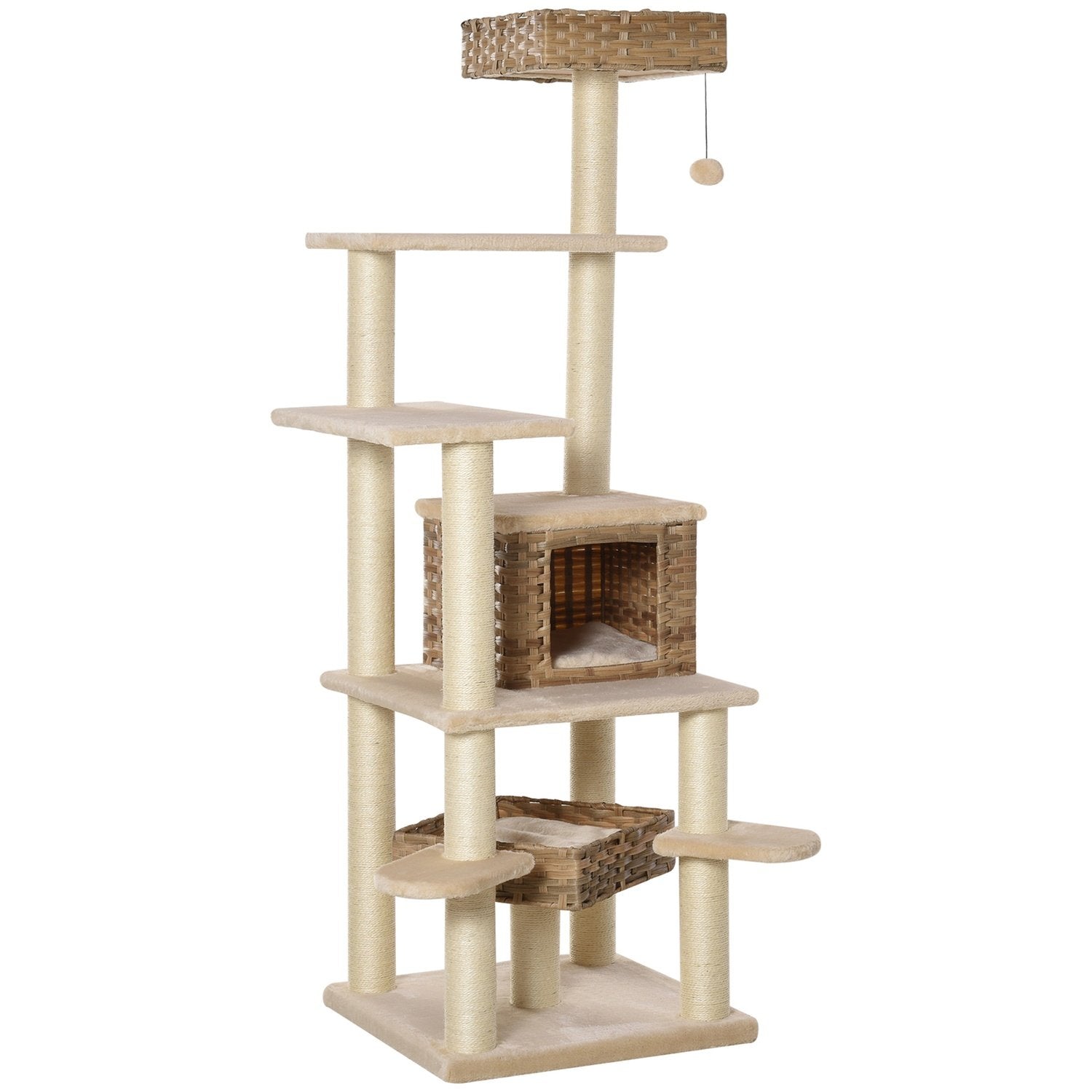 Rattan skrapestolpe Klatretre Katt Med Cat Cave Multi-Leer Cat Tree E1 Mdf Sisal Beige+Brun 55 X 55 X 174 Cm