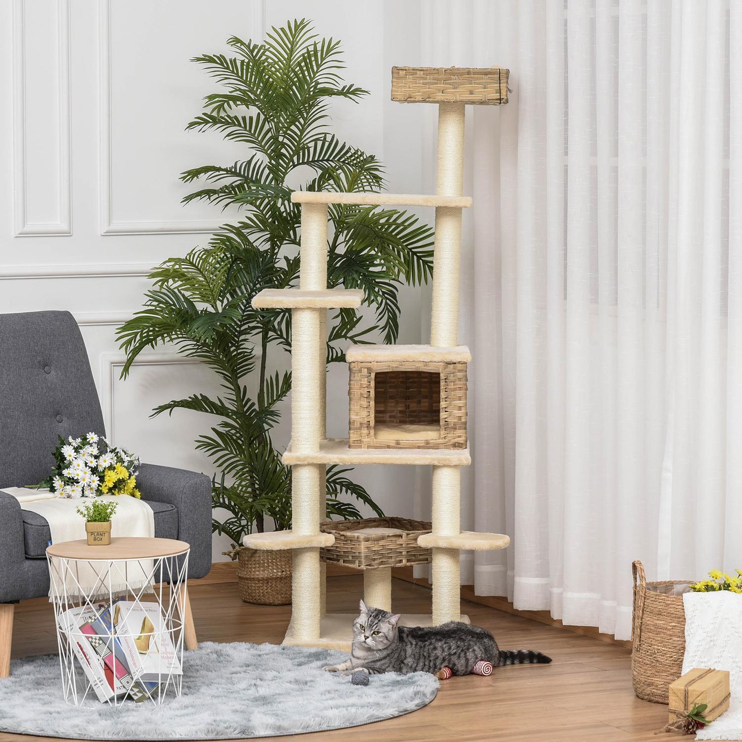 Rattan Skrapstolpe Klätterträd Katt Med Cat Cave Multi-Leer Cat Tree E1 Mdf Sisal Beige+Brun 55 X 55 X 174 Cm