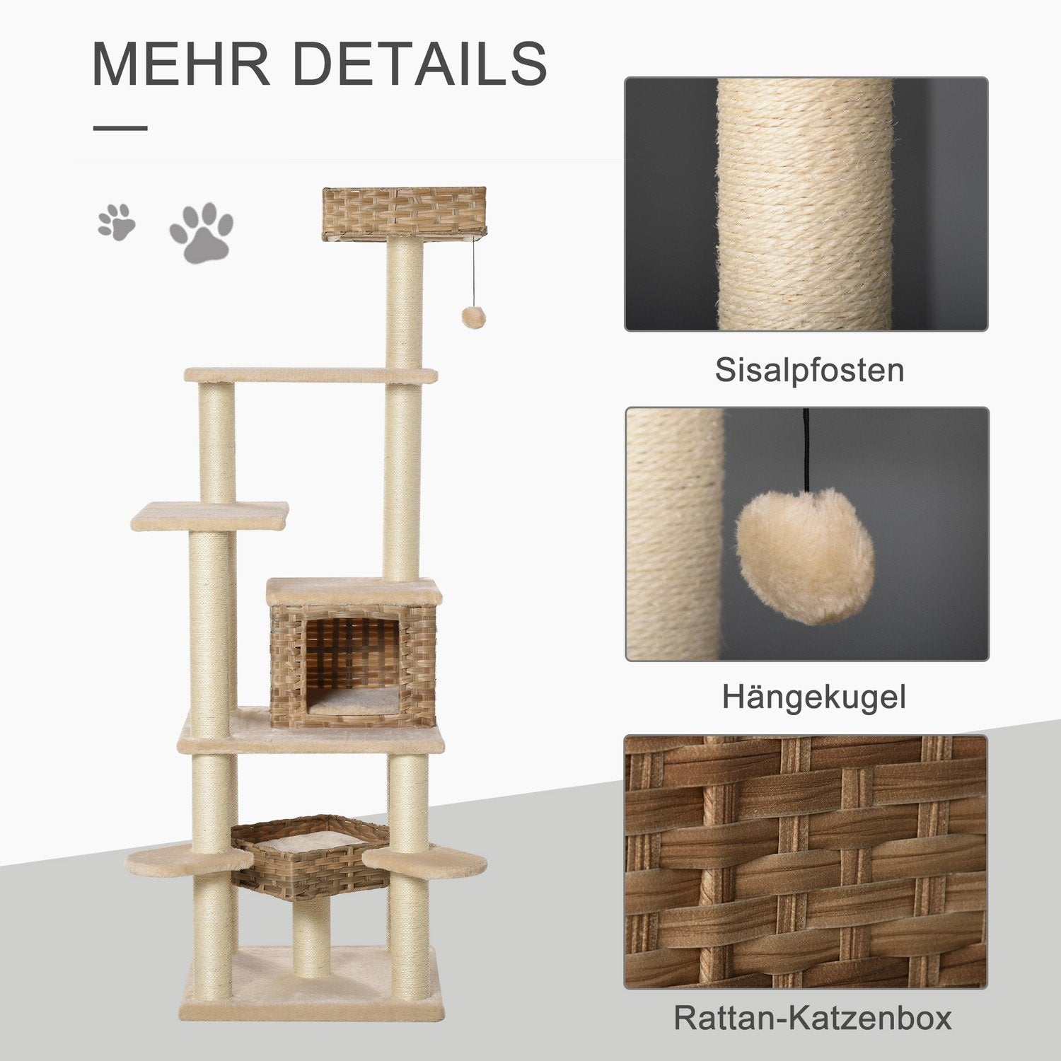 Rattan Skrapstolpe Klätterträd Katt Med Cat Cave Multi-Leer Cat Tree E1 Mdf Sisal Beige+Brun 55 X 55 X 174 Cm