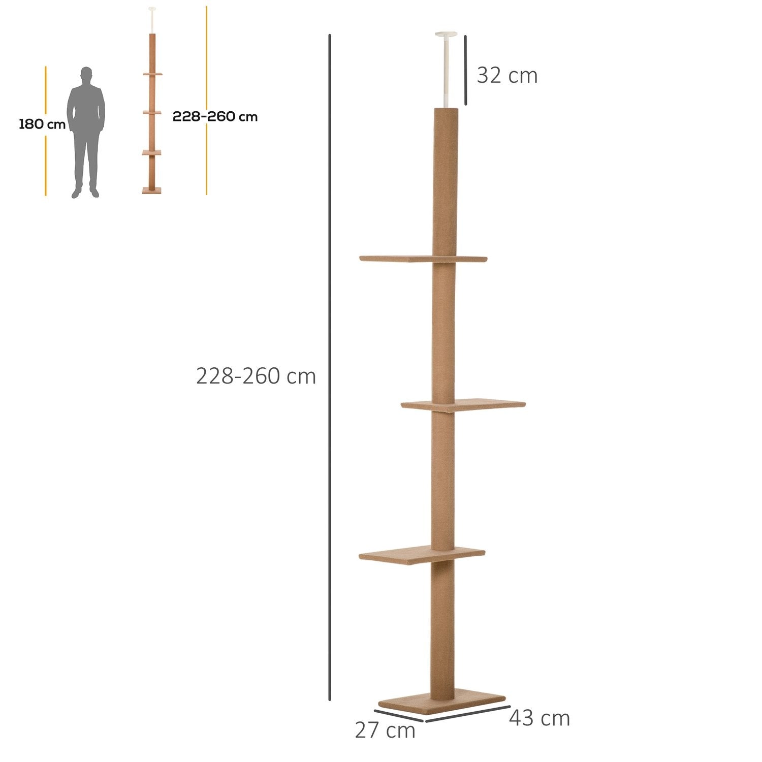 Høydejusterbar klatrestolpe klatretre for katter, leketre, lysebrun, 43X27X228-260 cm