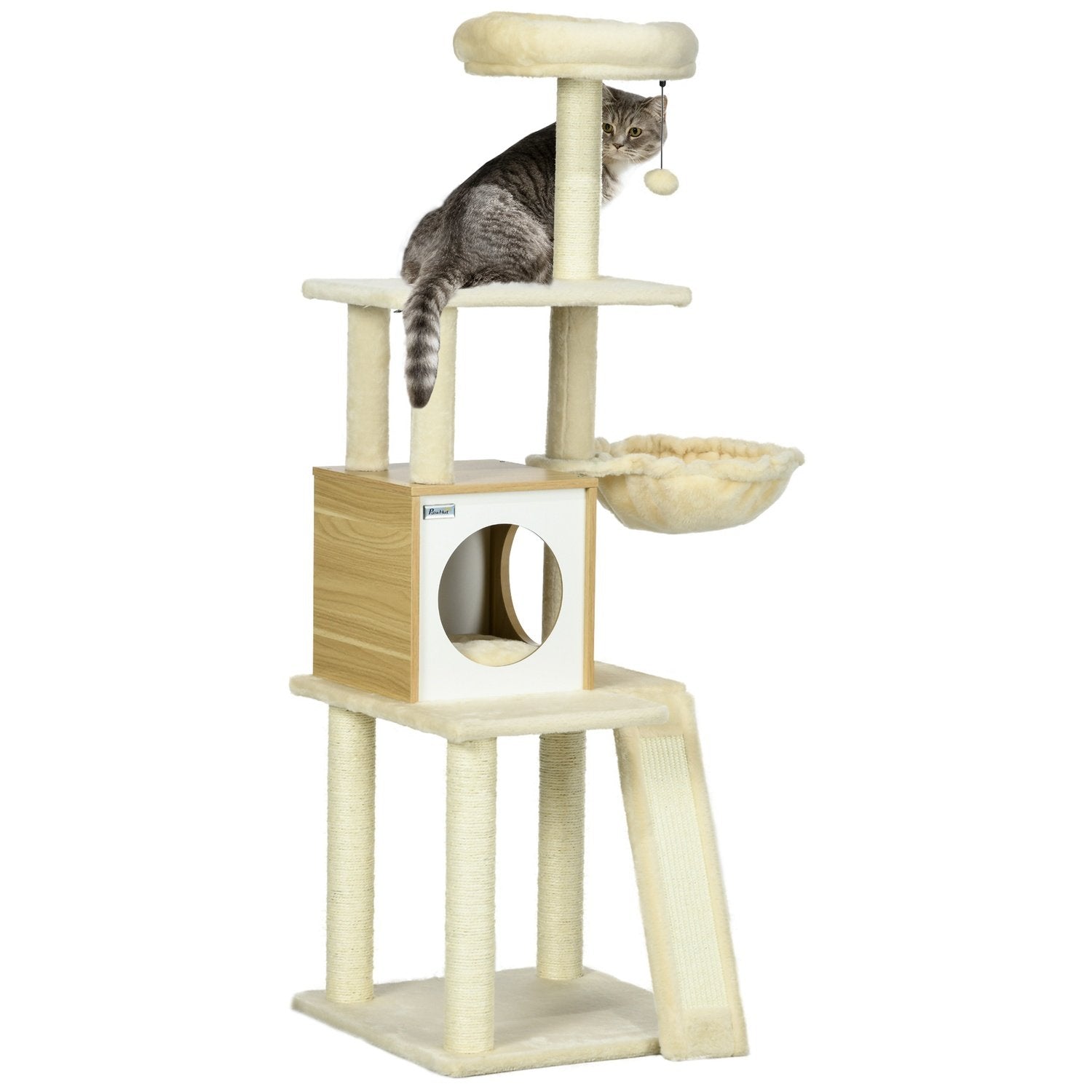 Ripestolpe Med Cat Cave Play Ball, Hengeseng, 2 Plattformer, Sisal, Beige