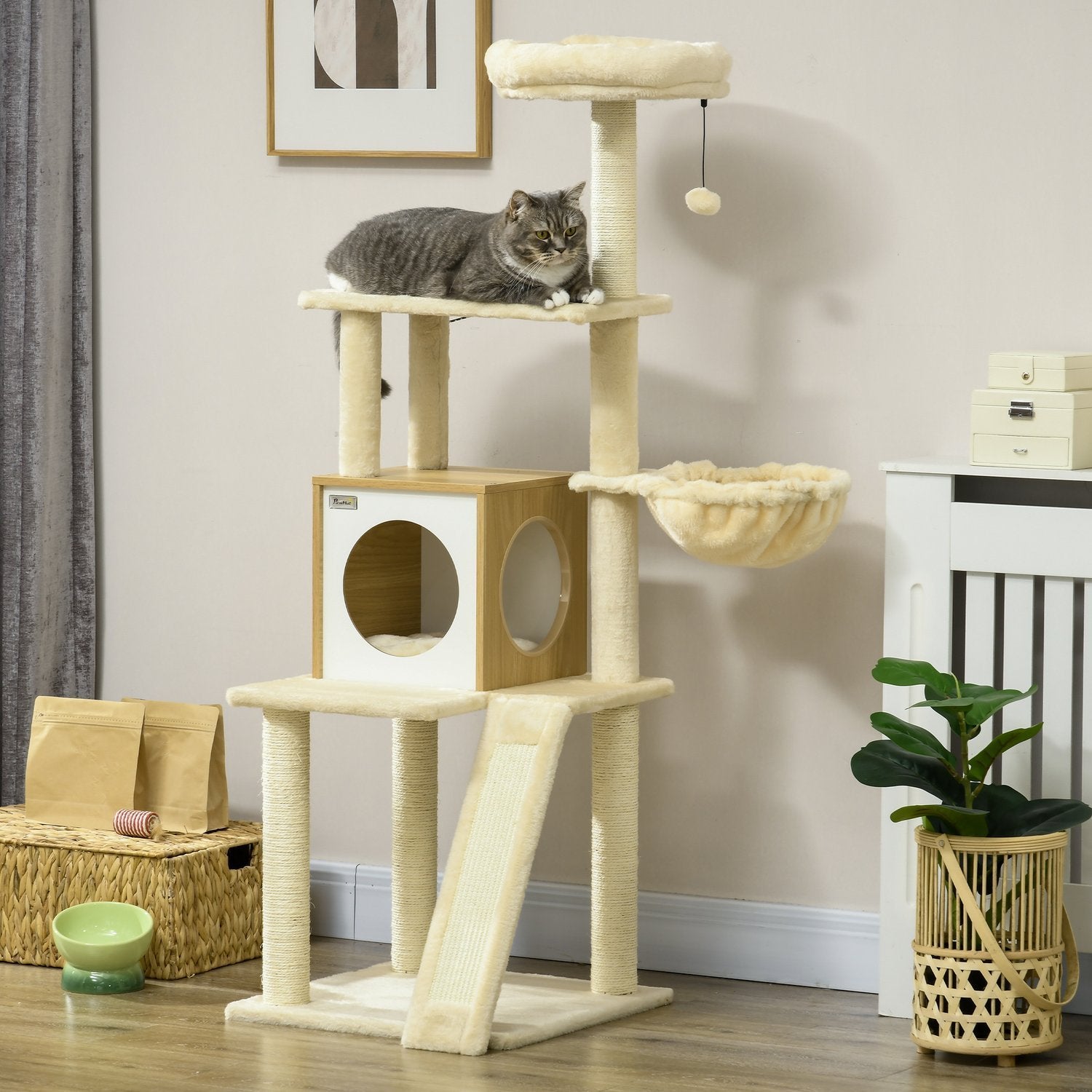 Ripestolpe Med Cat Cave Play Ball, Hengeseng, 2 Plattformer, Sisal, Beige