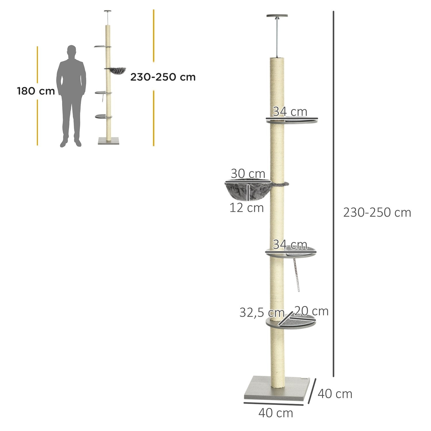 Kattskrapstolpe Takhöjd 230-250 Cm, Med Hängmatta, Höj- Och Sänkbar, Grå + Krämvit