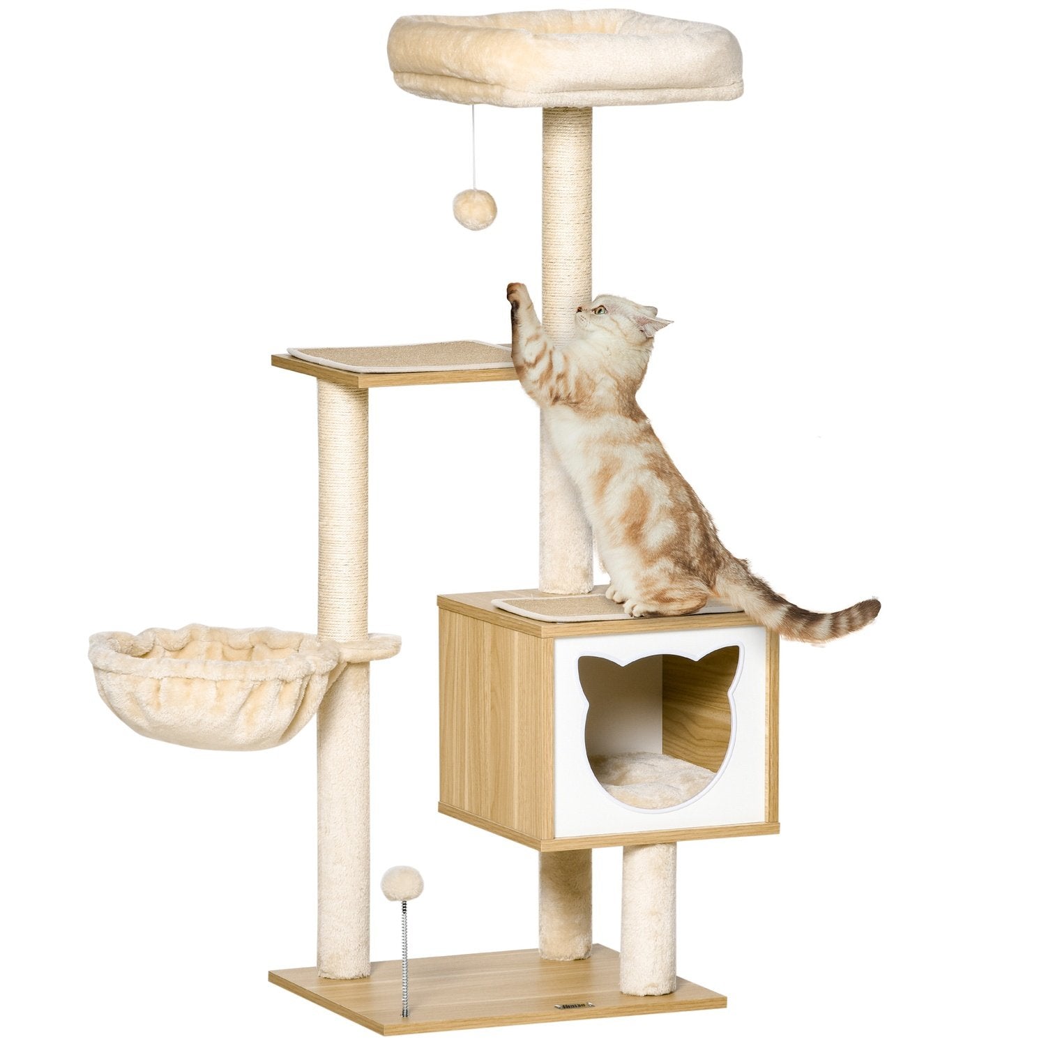 Beige Cat Tree Cat Cave Platform Sponplate Sisal 126Cm Høyde