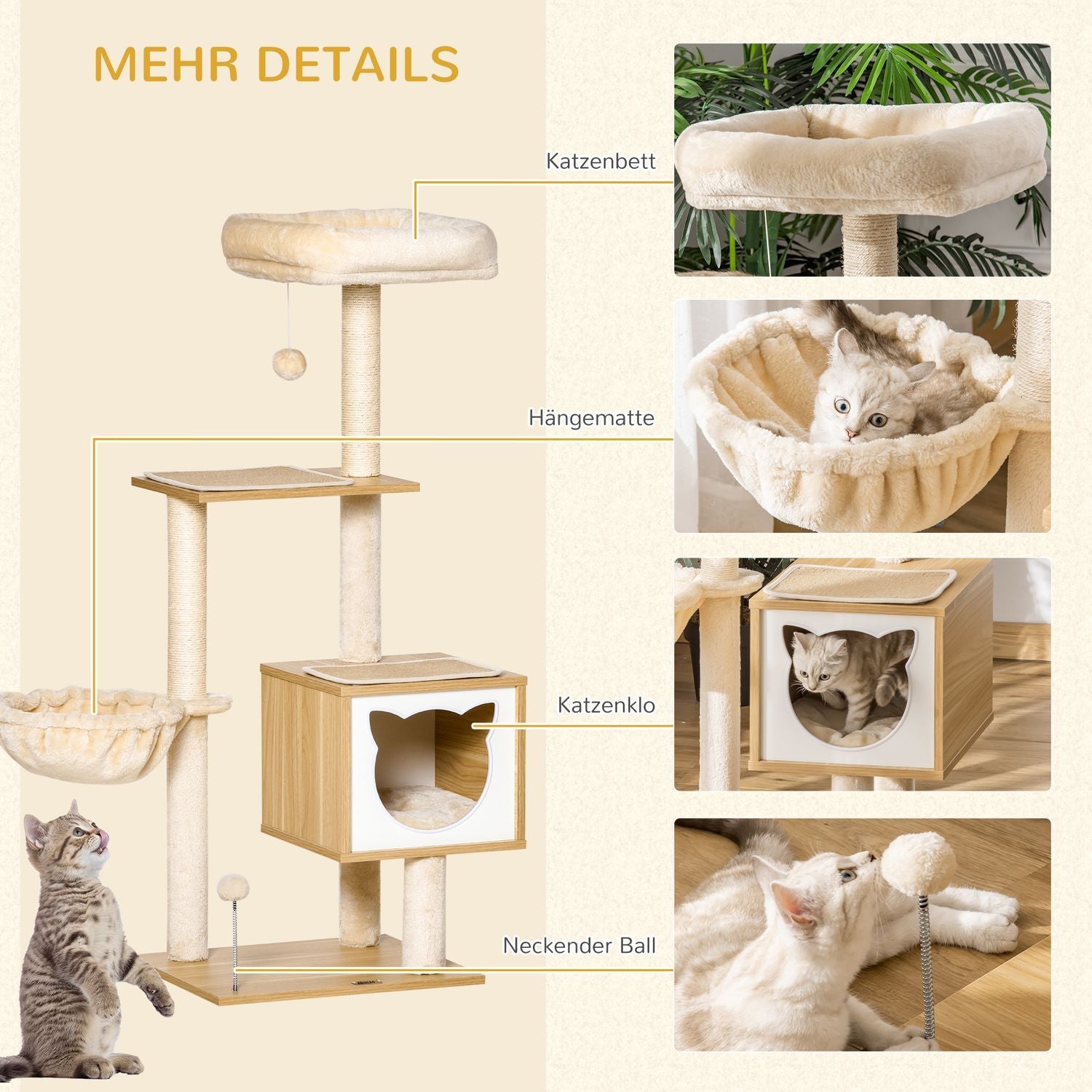 Beige Cat Tree Cat Cave Platform Sponplate Sisal 126Cm Høyde