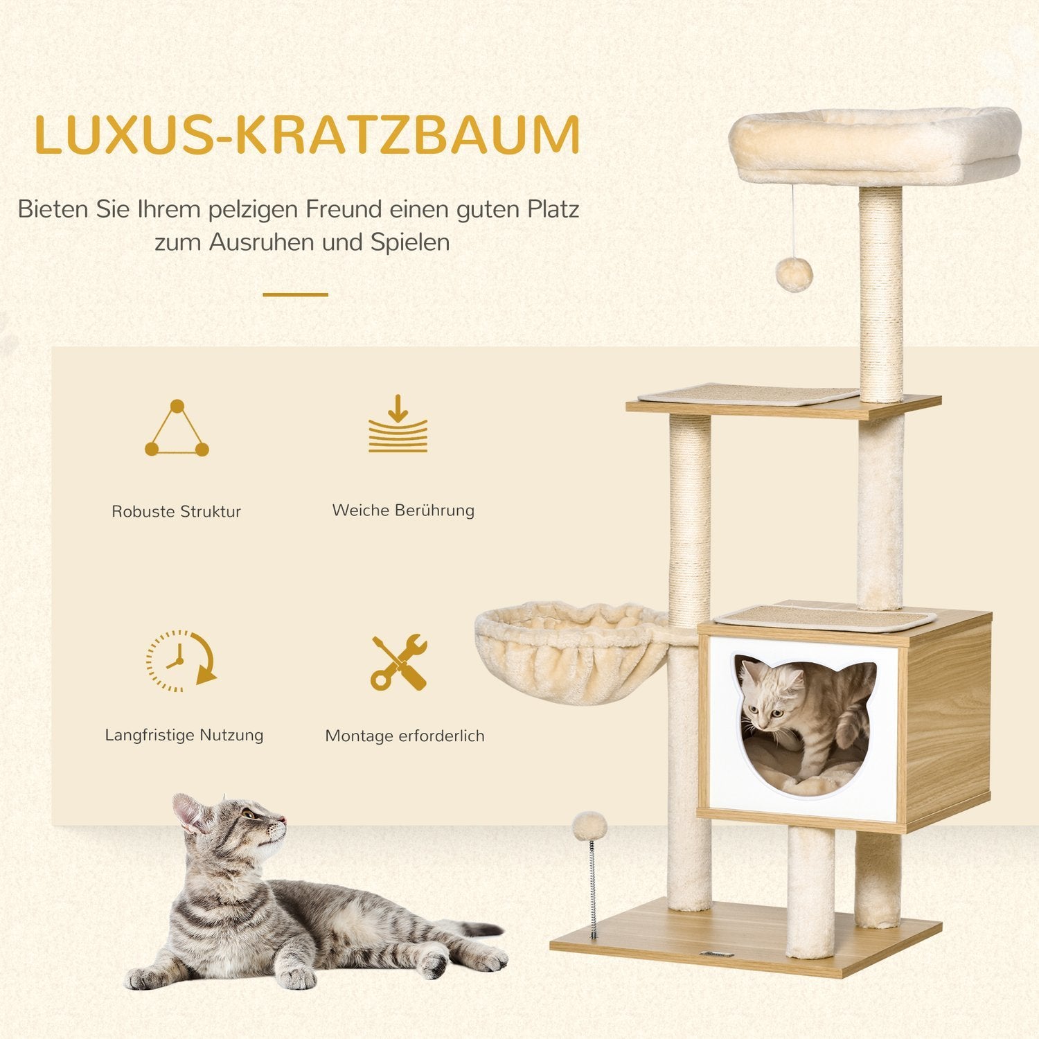 Beige Cat Tree Cat Cave Platform Sponplate Sisal 126Cm Høyde