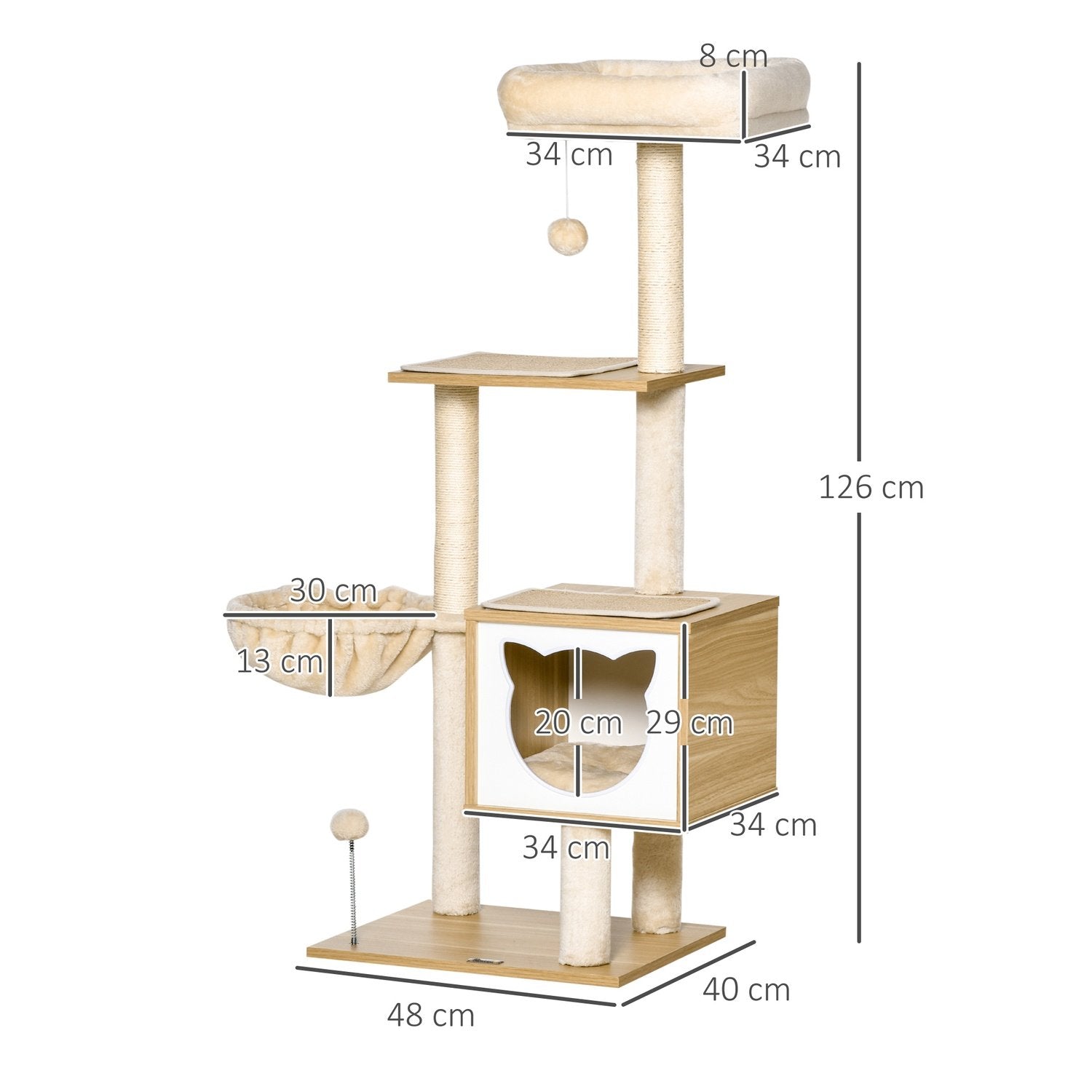 Beige Cat Tree Cat Cave Platform Sponplate Sisal 126Cm Høyde