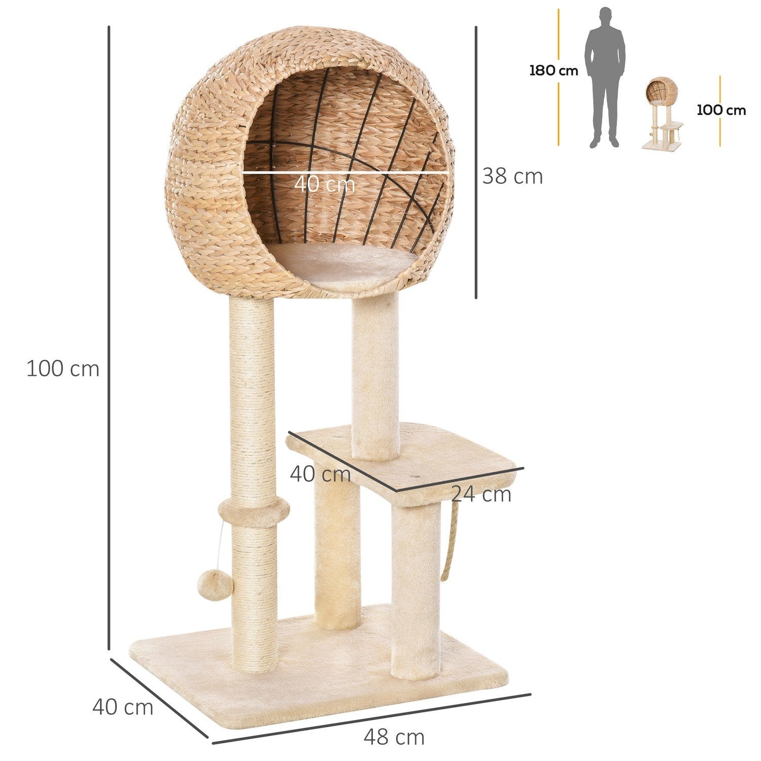 Katttre skrapestolpe Kattungemøbler med katthuleball leketøy Sisal Myk plysj Beige Høyde 100 cm