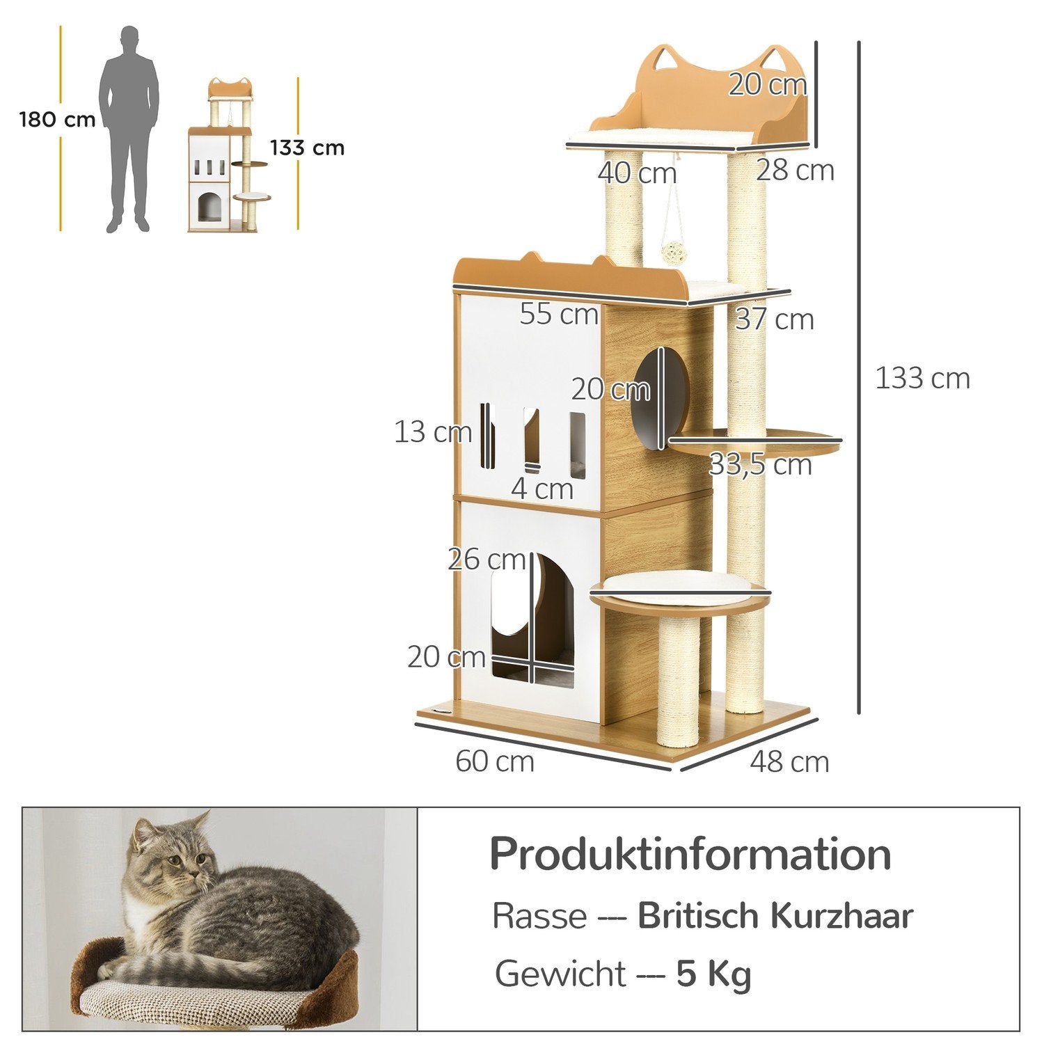 Skrapstolpe, 133 Cm, Kattträd Kattskrapstolpe Med 2 Kattgrottor, Med Skrapstolpar, Kuddar, Lekboll, Kattmöbler, Inomhus, Ek + Vit