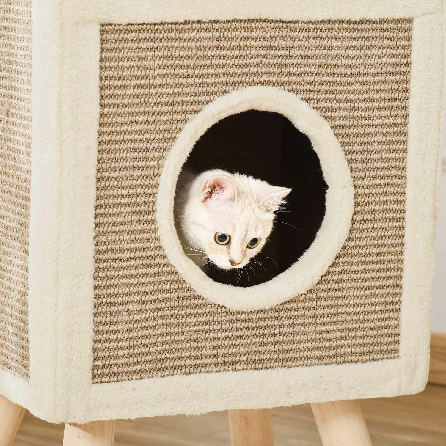 Cat Cave skrapebrett i flere etasjer Spilleballer Katteseng skrapematte sponplater plysj sisal kaffe