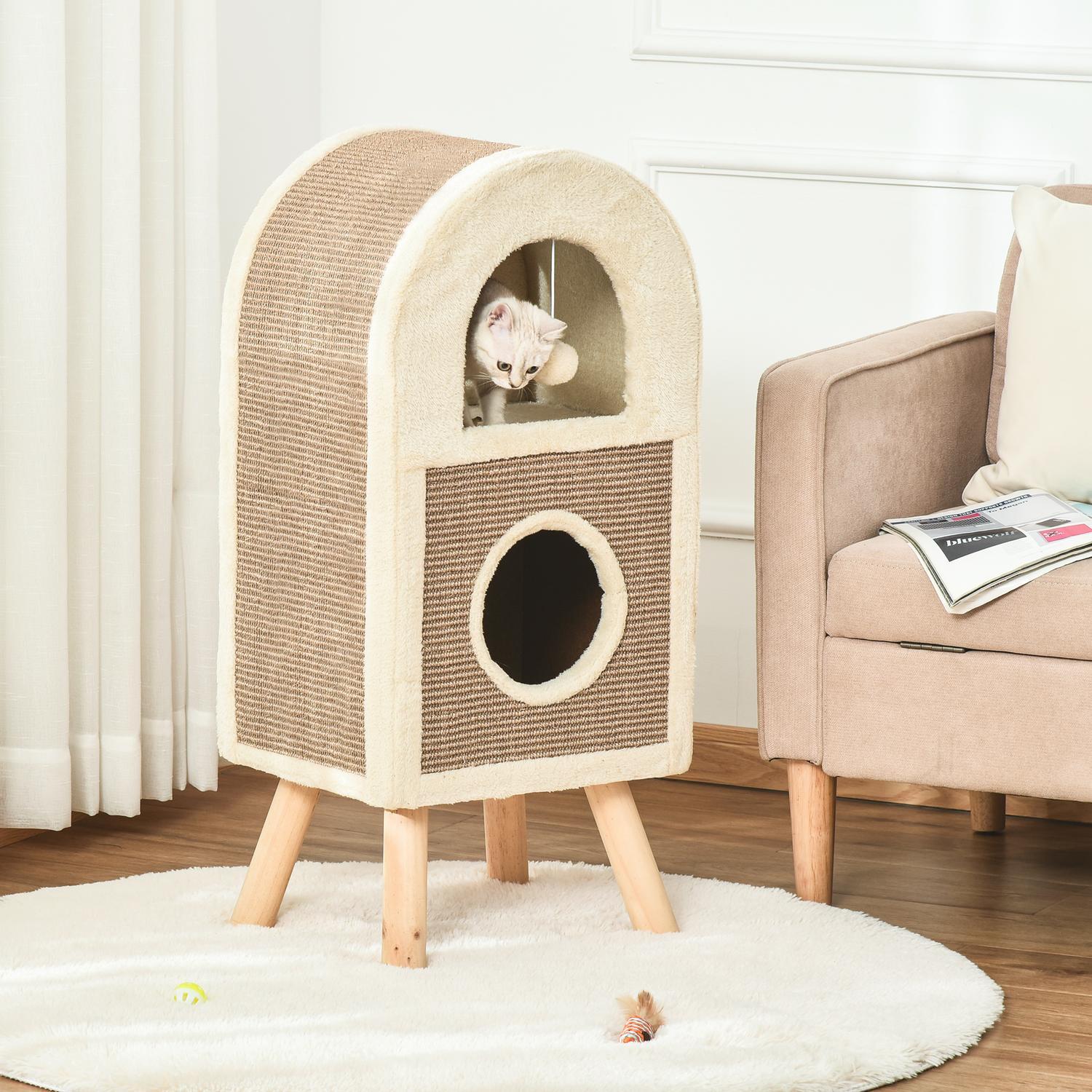 Cat Cave skrapebrett i flere etasjer Spilleballer Katteseng skrapematte sponplater plysj sisal kaffe