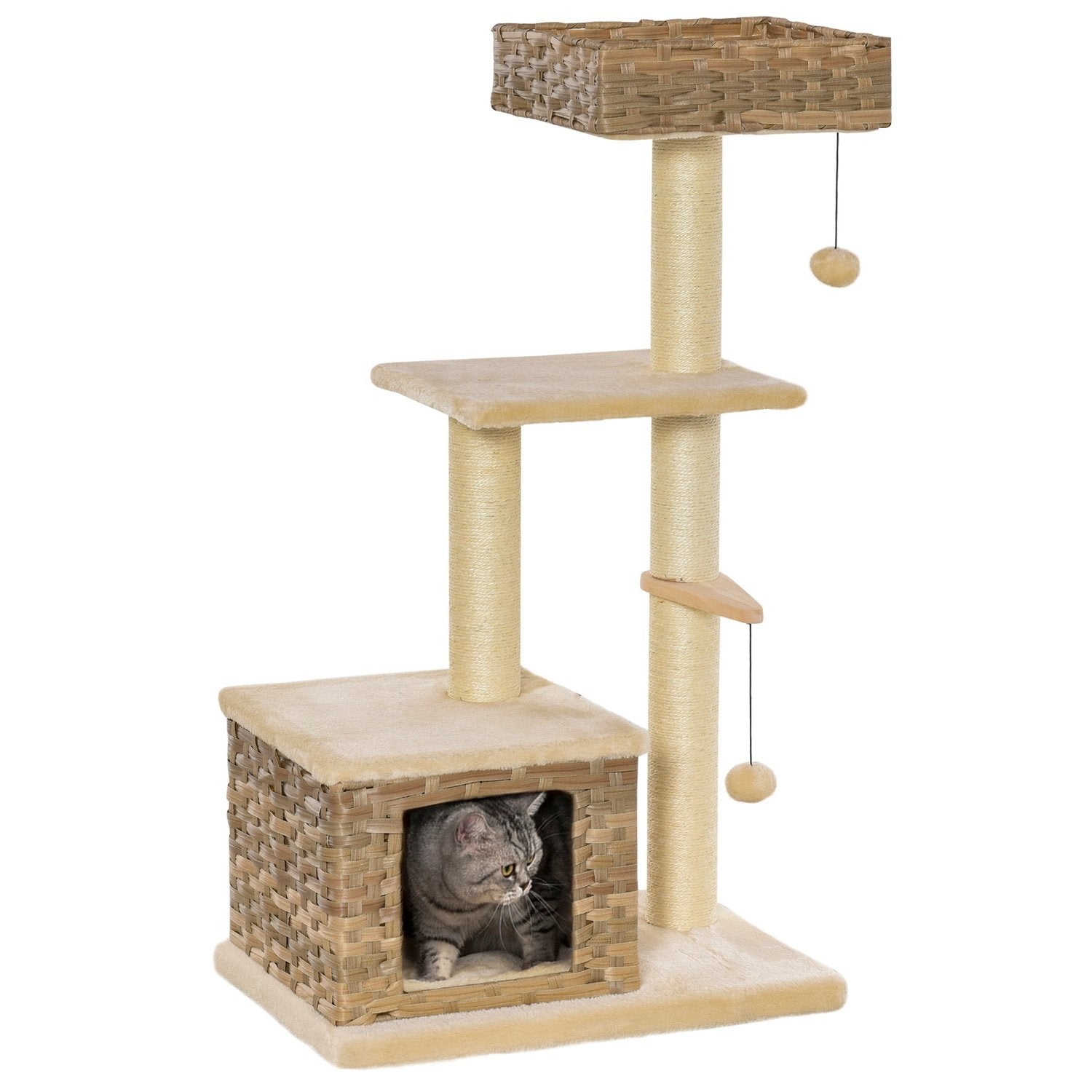 Rattan Cat Tree skrapestolpe med kattehule, ballleketøy, sisal og myk plysj, 108 cm, brun+beige