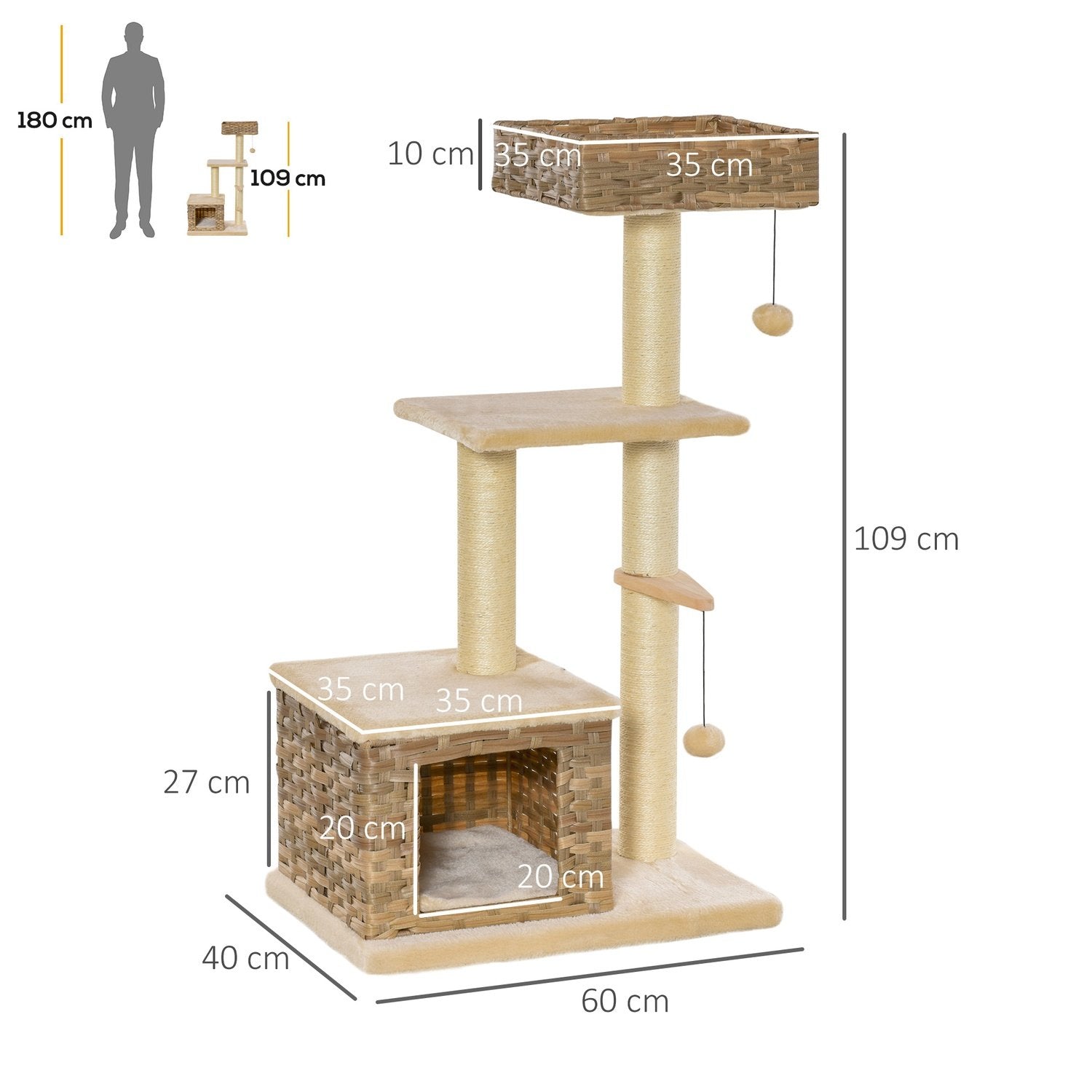 Rattan Cat Tree skrapestolpe med kattehule, ballleketøy, sisal og myk plysj, 108 cm, brun+beige