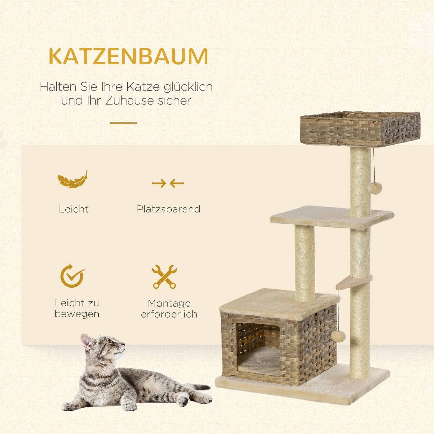 Rattan Cat Tree skrapestolpe med kattehule, ballleketøy, sisal og myk plysj, 108 cm, brun+beige