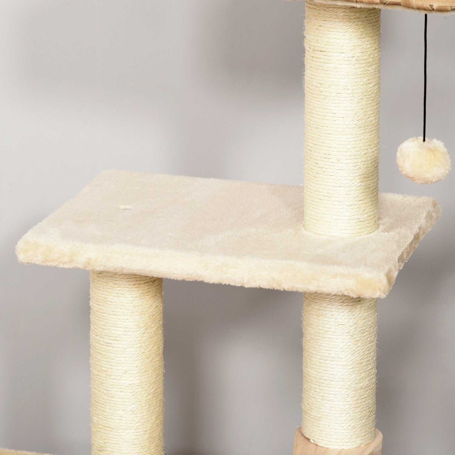 Rattan Cat Tree skrapestolpe med kattehule, ballleketøy, sisal og myk plysj, 108 cm, brun+beige