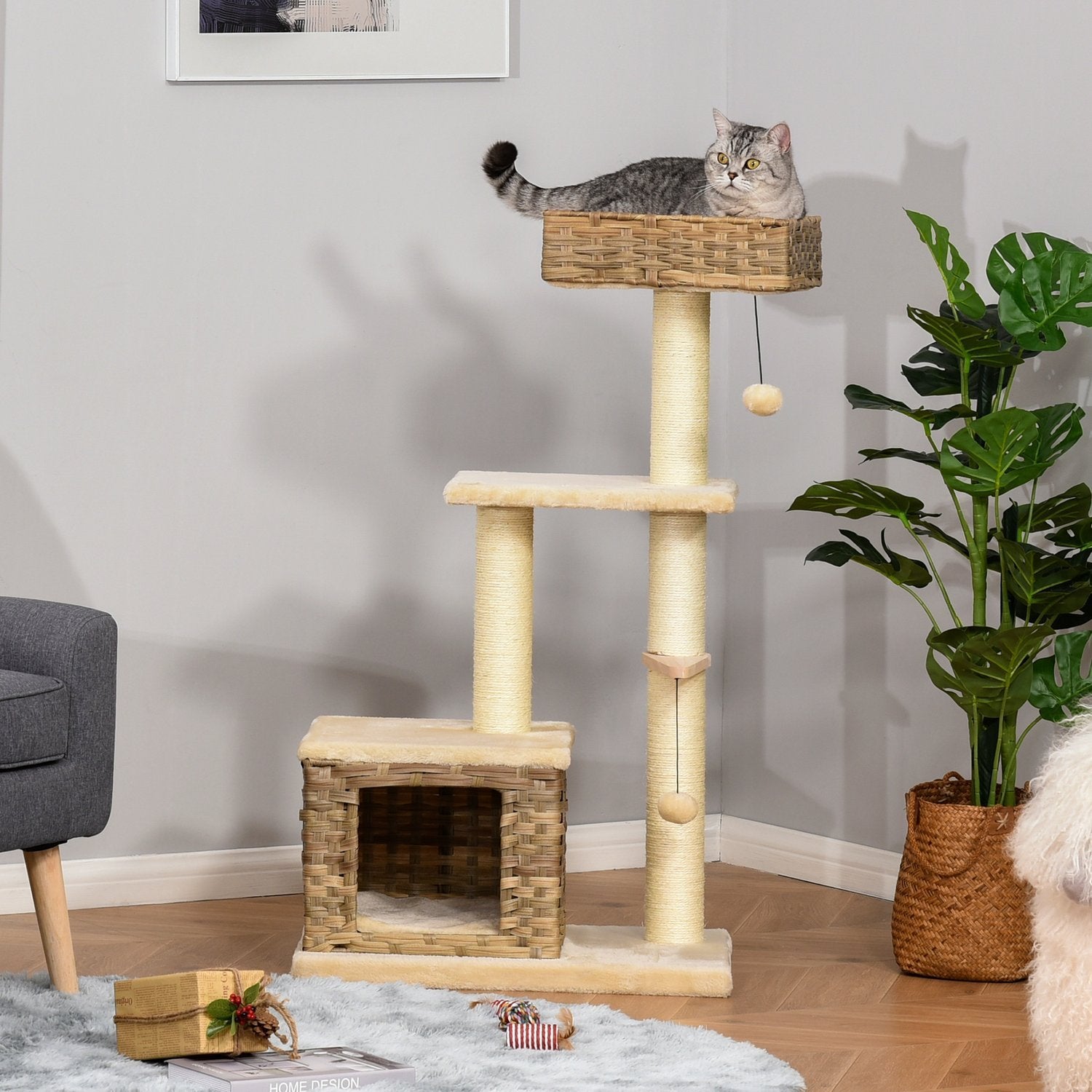 Rattan Cat Tree skrapestolpe med kattehule, ballleketøy, sisal og myk plysj, 108 cm, brun+beige