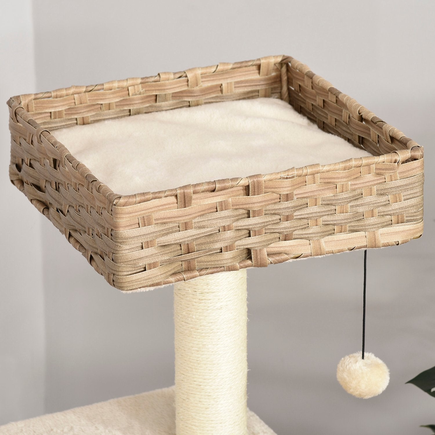 Rattan Cat Tree skrapestolpe med kattehule, ballleketøy, sisal og myk plysj, 108 cm, brun+beige