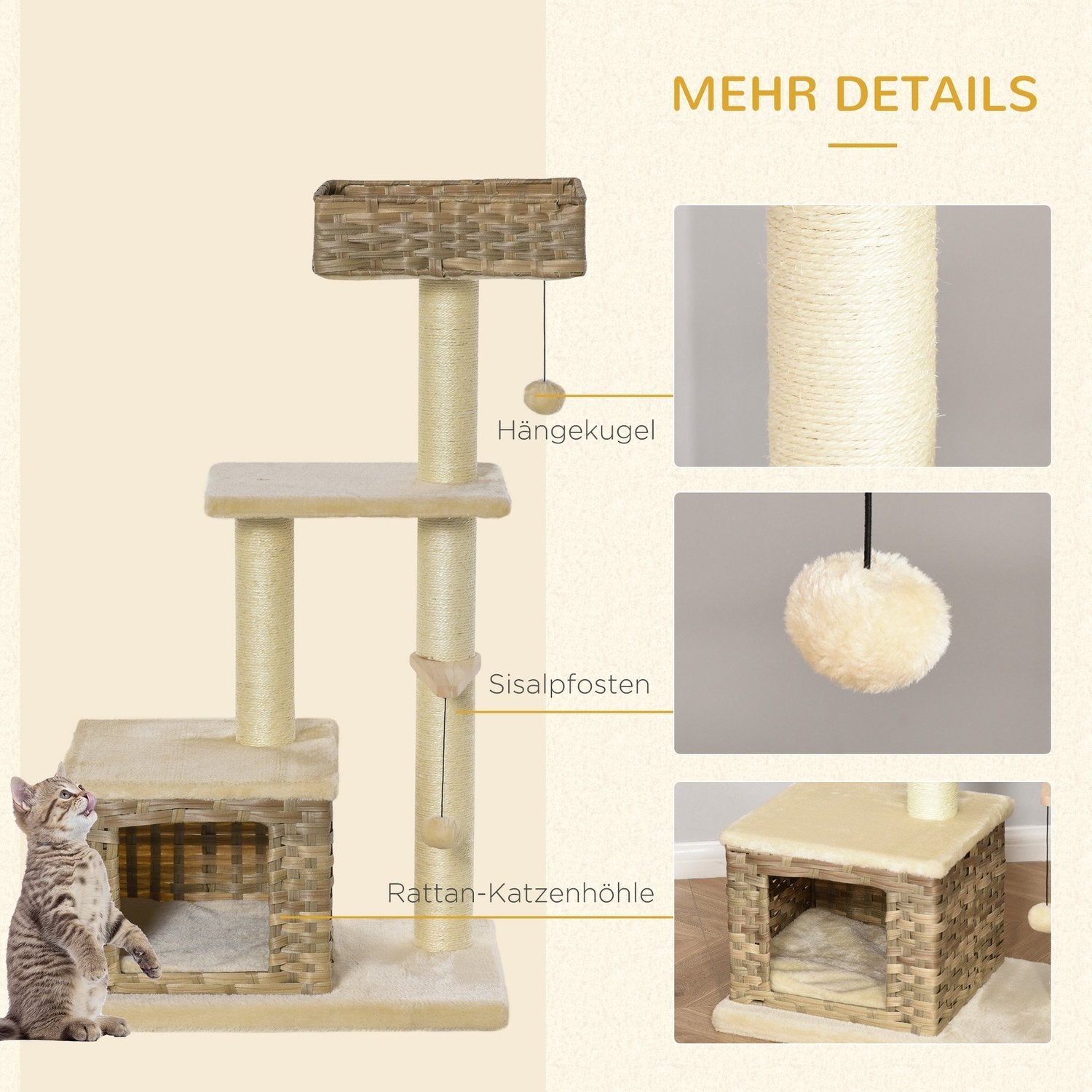 Rattan Cat Tree skrapestolpe med kattehule, ballleketøy, sisal og myk plysj, 108 cm, brun+beige