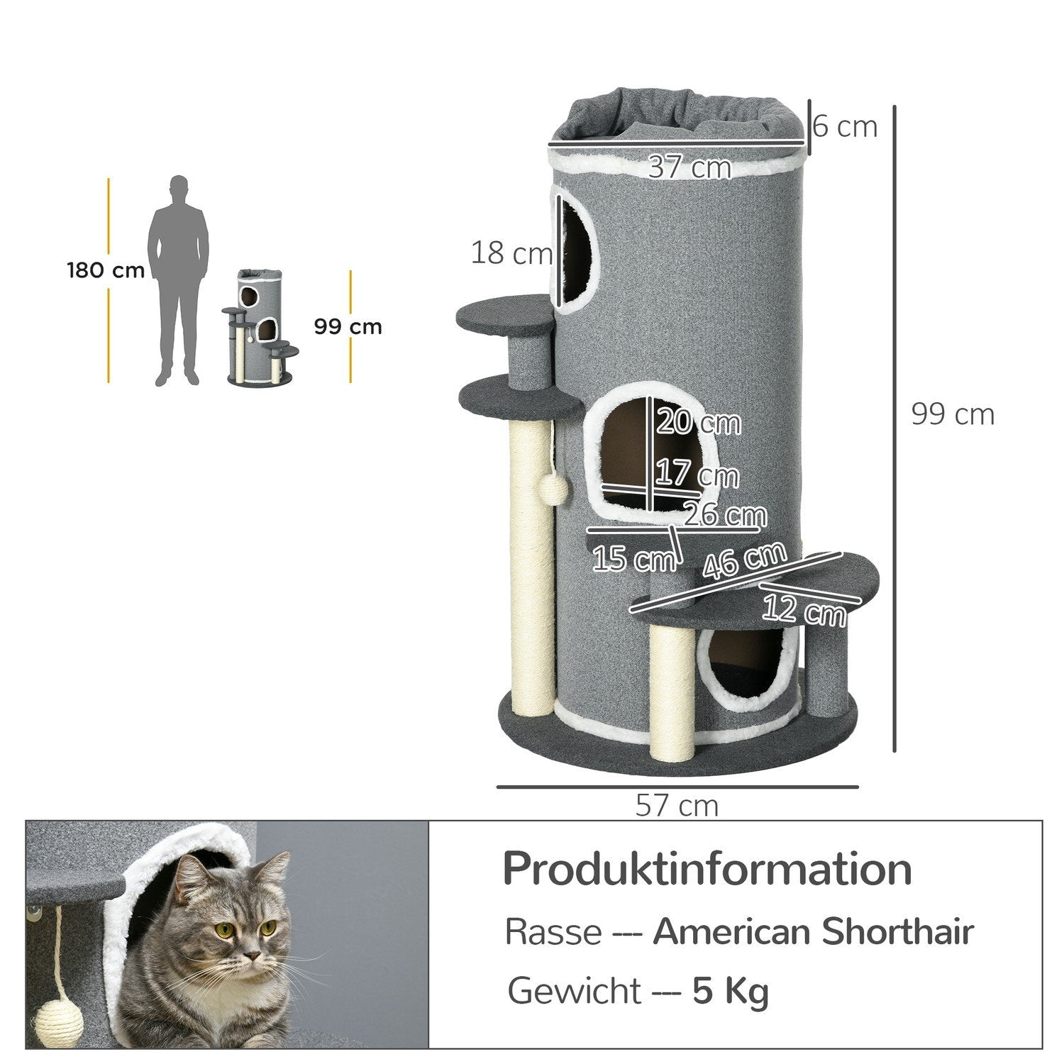 Cat Scratching Barrel 99 Cm Lekefat med katteseng, lekeball og plattformer, kattemøbler, grå