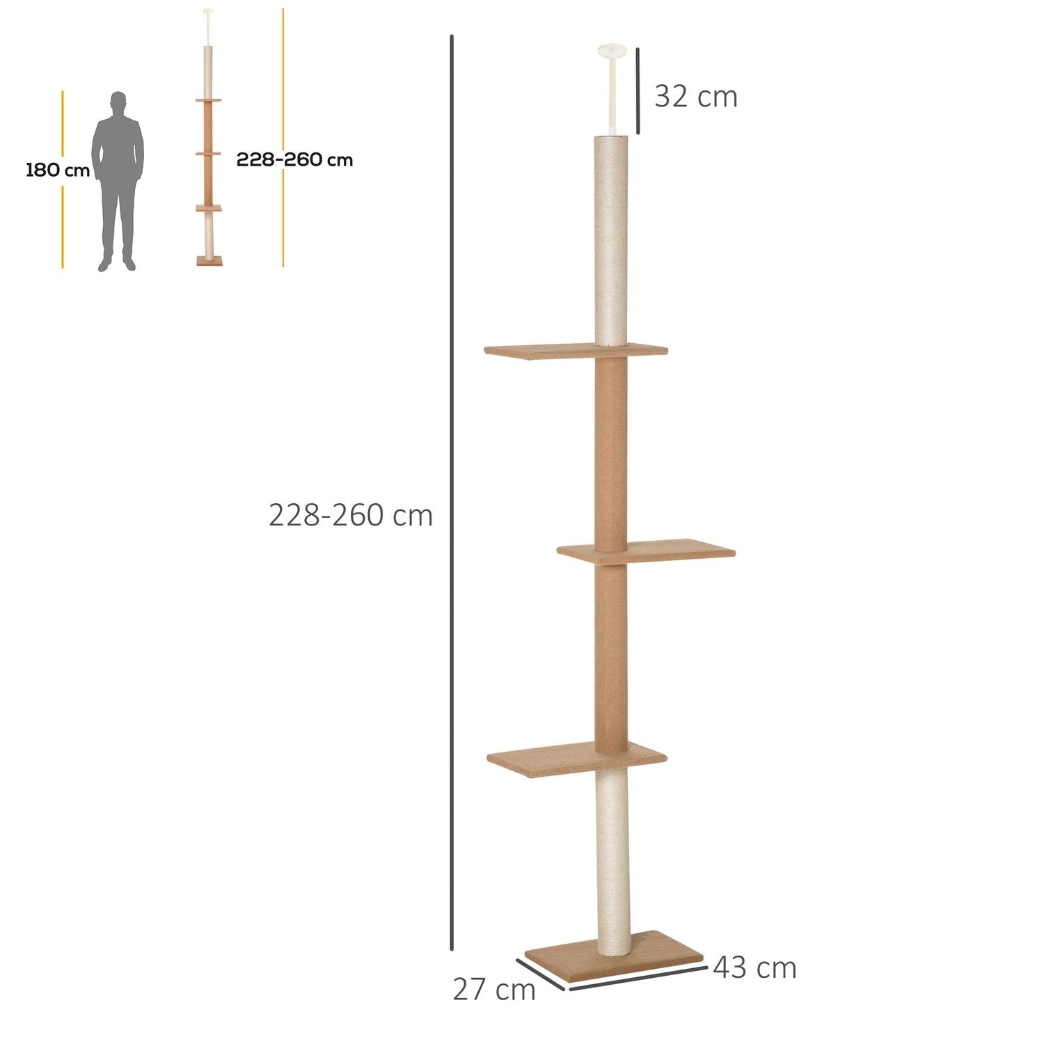 Høydejusterbart klatretre for katter, leketre, kaki, 43X27X228-260 cm