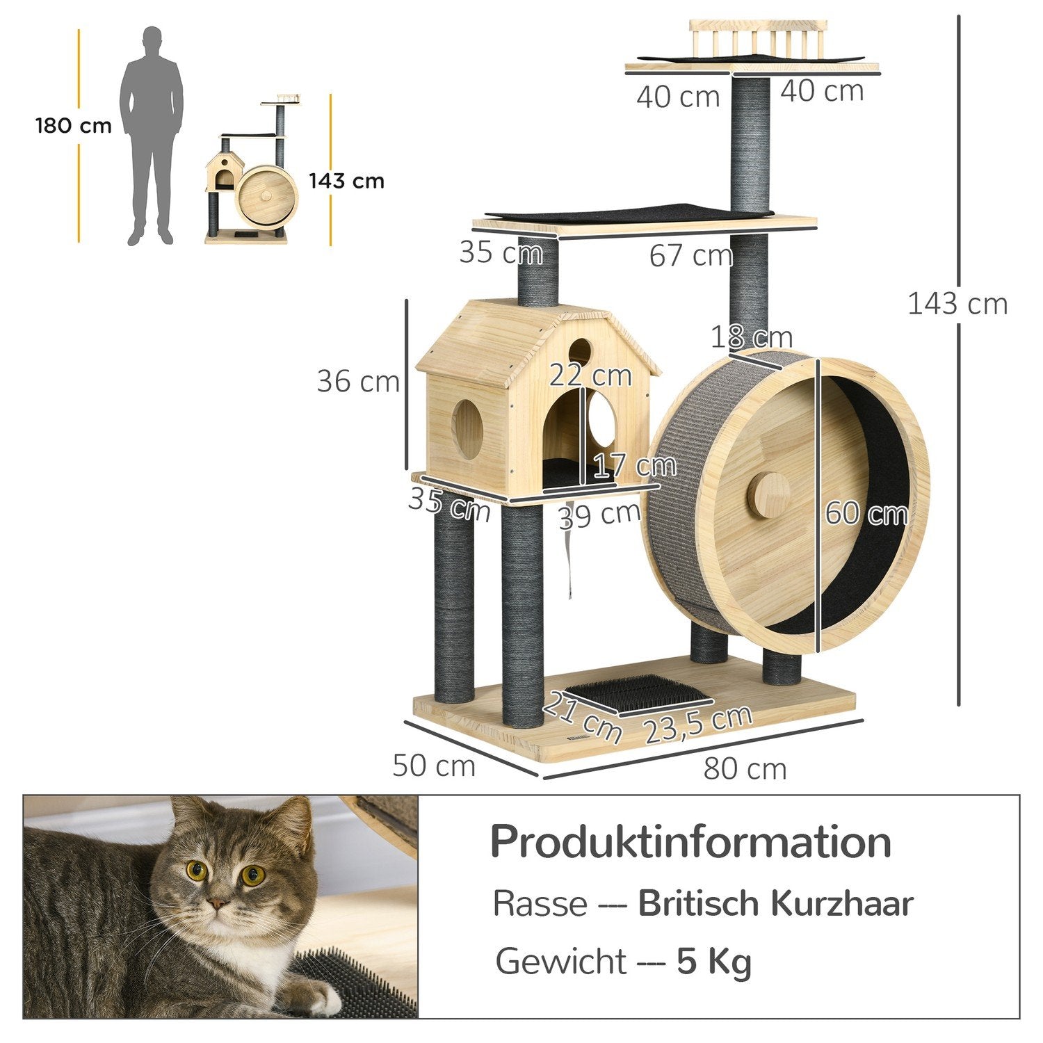 Cat Scratching Post House Med Balanshjul, 4-Vånings, Sisalkolonner, Cat Cave Tillverkad Av Furu, Naturlig, 80X50X143Cm