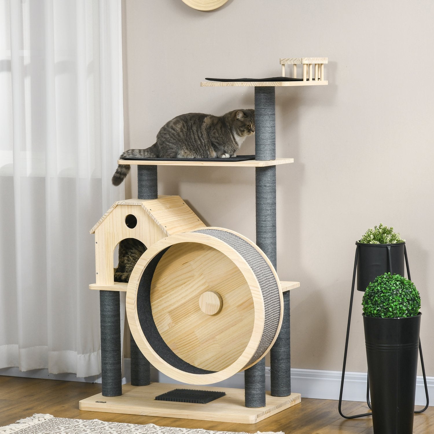 Cat Scratching Post House Med Balanshjul, 4-Vånings, Sisalkolonner, Cat Cave Tillverkad Av Furu, Naturlig, 80X50X143Cm