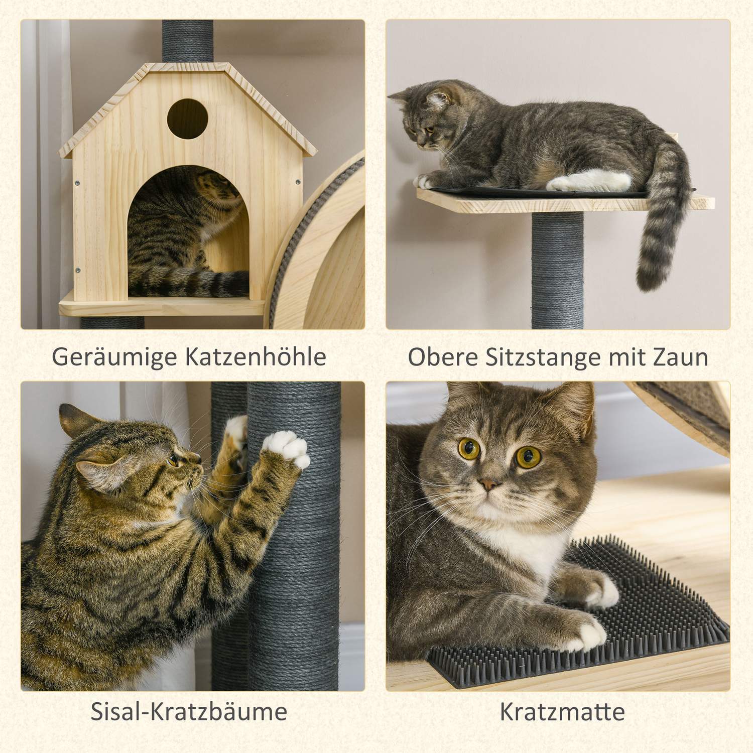 Cat Scratching Post House Med Balanshjul, 4-Vånings, Sisalkolonner, Cat Cave Tillverkad Av Furu, Naturlig, 80X50X143Cm