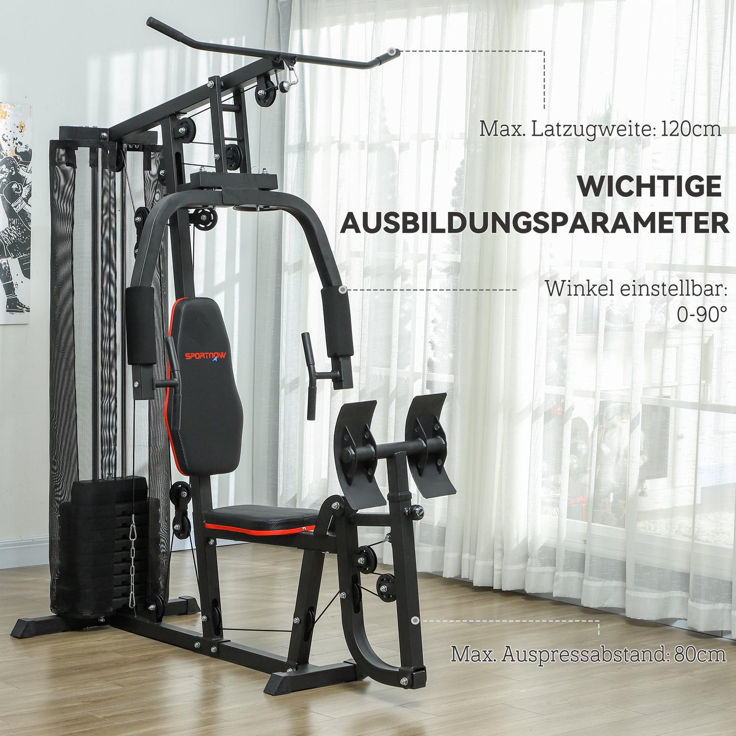 Multifunktionell fitnessstation med benpress och 45 kg vikter