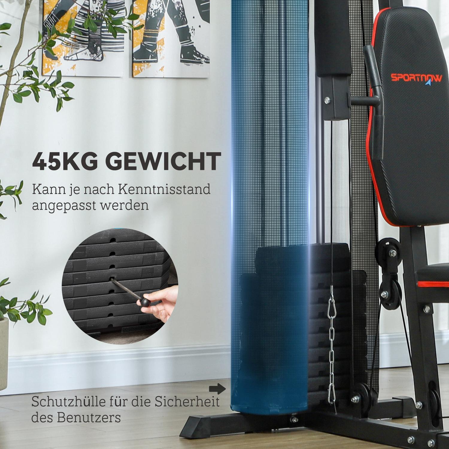 Multifunktionell fitnessstation med benpress och 45 kg vikter