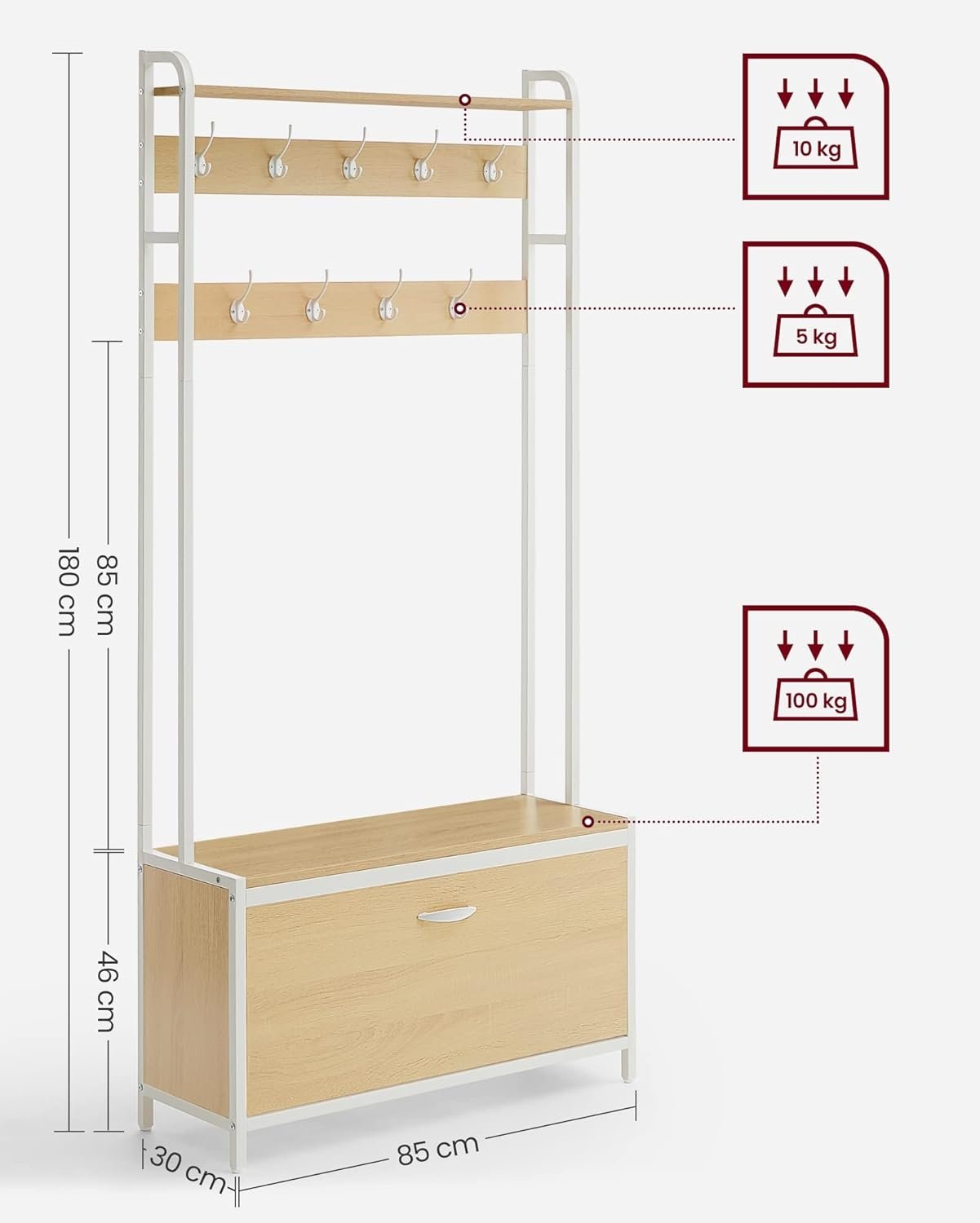 Multifunksjonell garderobe med benk, kroker og skoskap