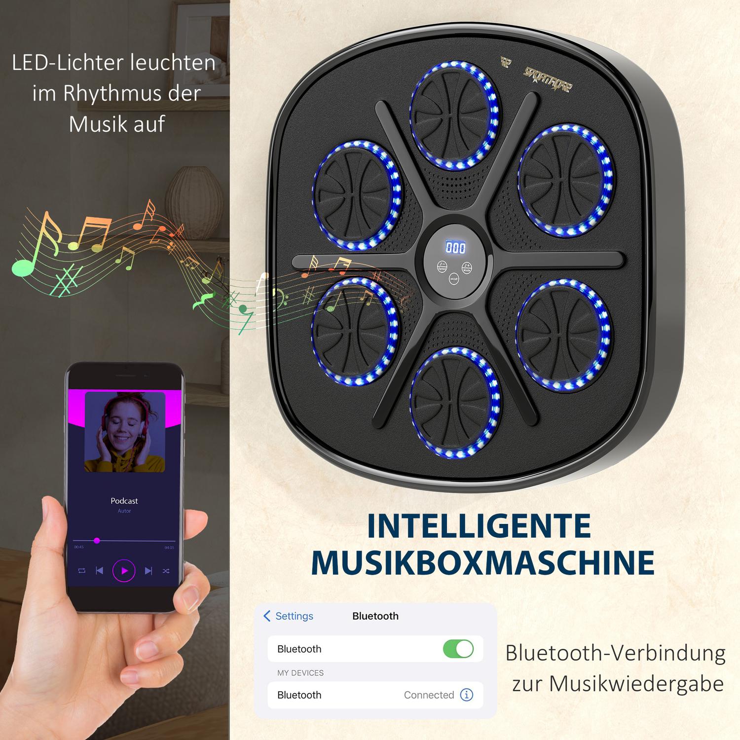 Musikboxningsmaskin, elektronisk Bluetooth-boxningsmaskin med LED-lampor, musik, väggmonterad boxningsmål för vuxna, hemmaträning, svart