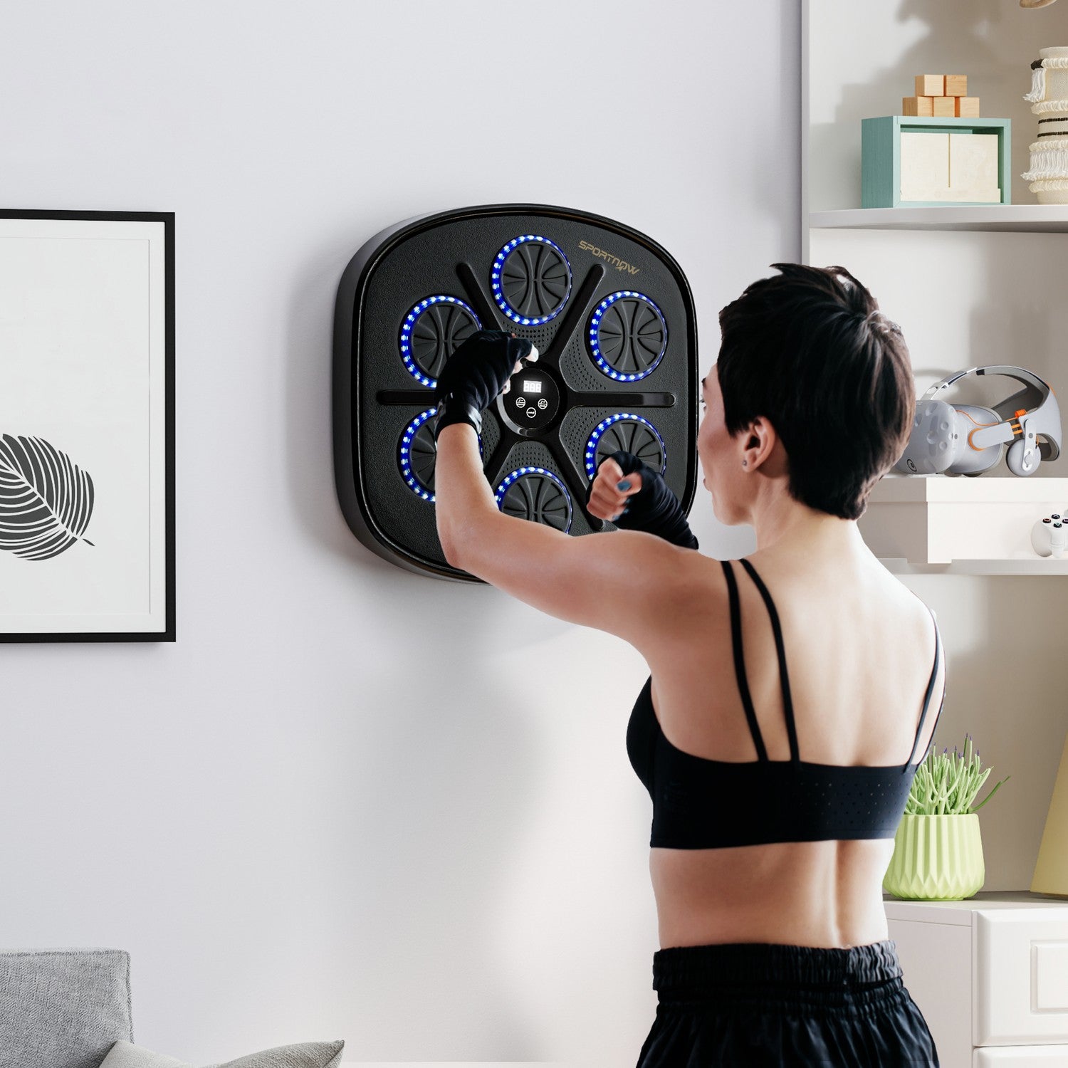 Musikboxningsmaskin, elektronisk Bluetooth-boxningsmaskin med LED-lampor, musik, väggmonterad boxningsmål för vuxna, hemmaträning, svart