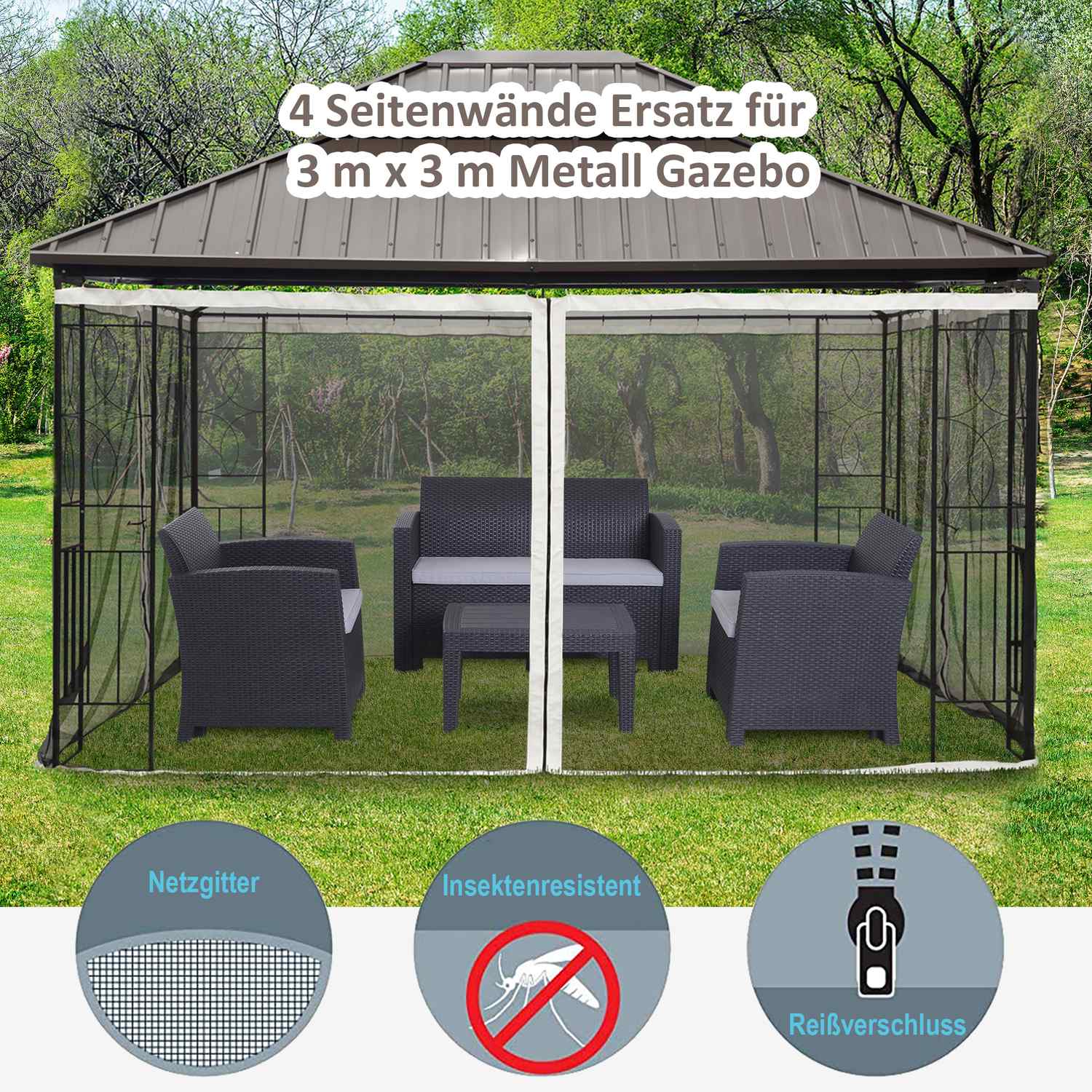 Myggnät för 3x4 Gazebo, 4 paneler, dragkedja, svart nylon