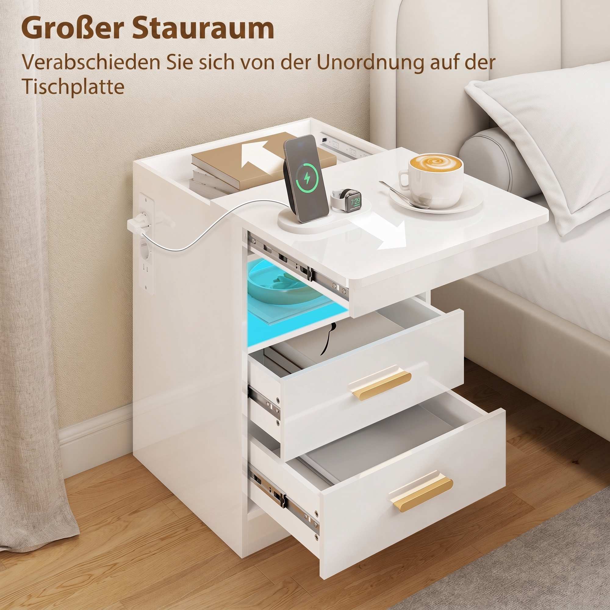 Nattduksbord med laddningsstation, RGB LED, 2 lådor, högblank vit
