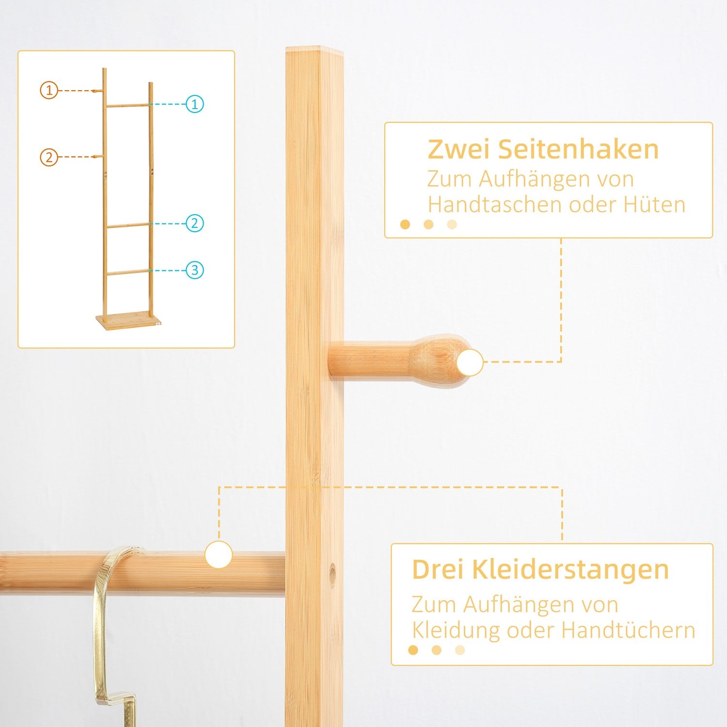 Naturlig bambu klädhängare – 2 krokar, 3 stavar, 36x24x168 cm